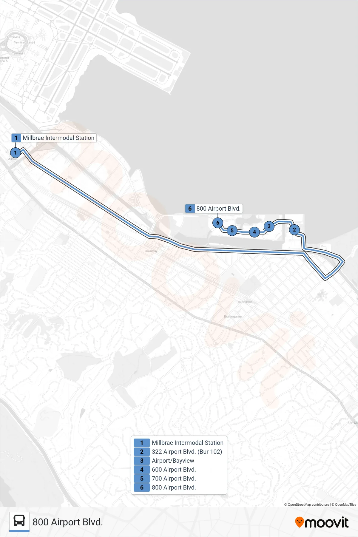 BPT SHUTTLE bus Line (800 Airport Blvd.) route and stops on a map