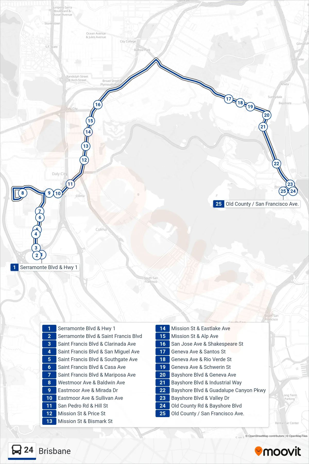 24 bus Line (Brisbane) route and stops on a map