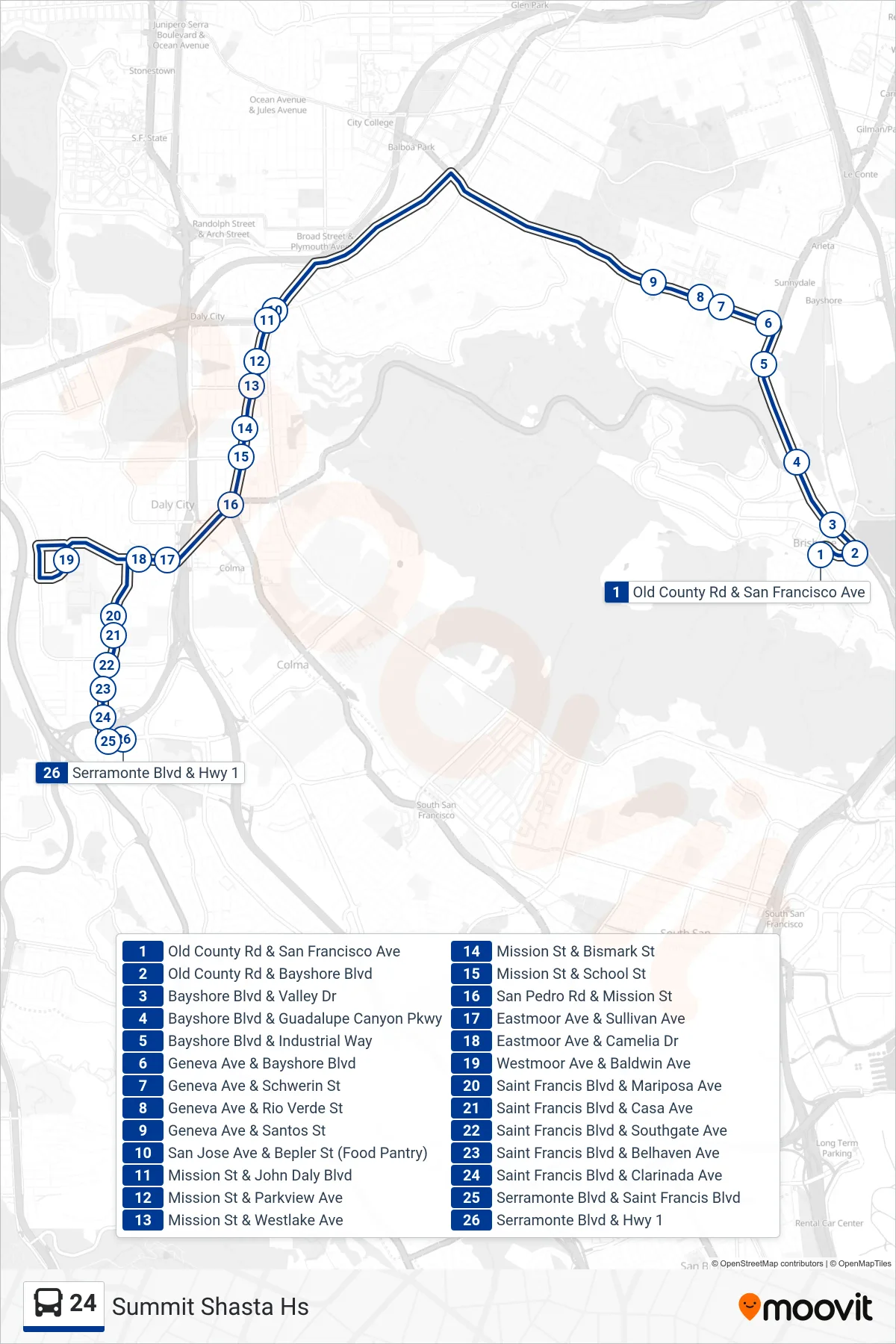 24 bus Line (Summit Shasta Hs) route and stops on a map