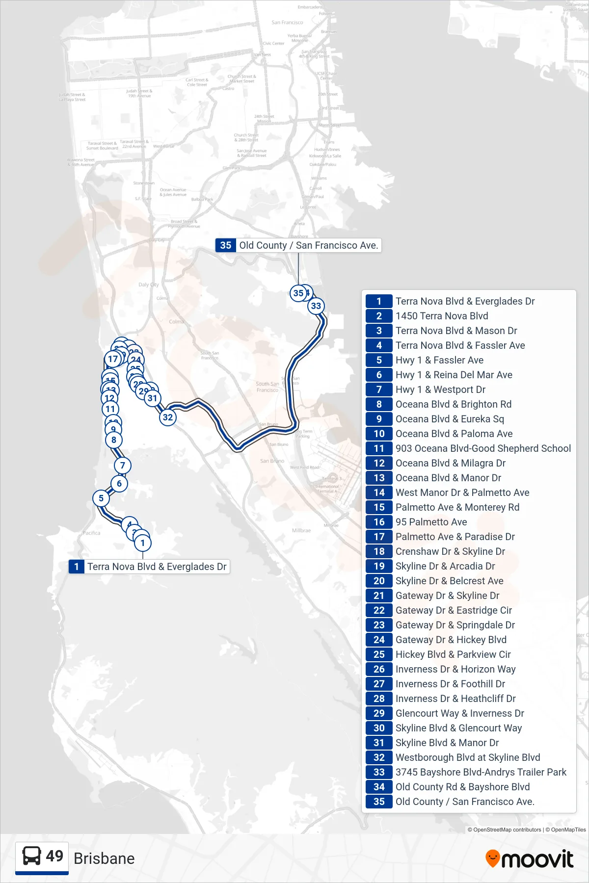 49 bus Line (Brisbane) route and stops on a map