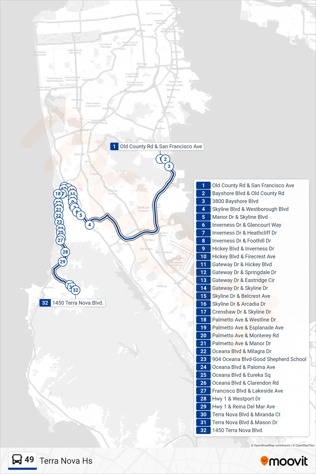 49 bus Line (Terra Nova Hs) route and stops on a map