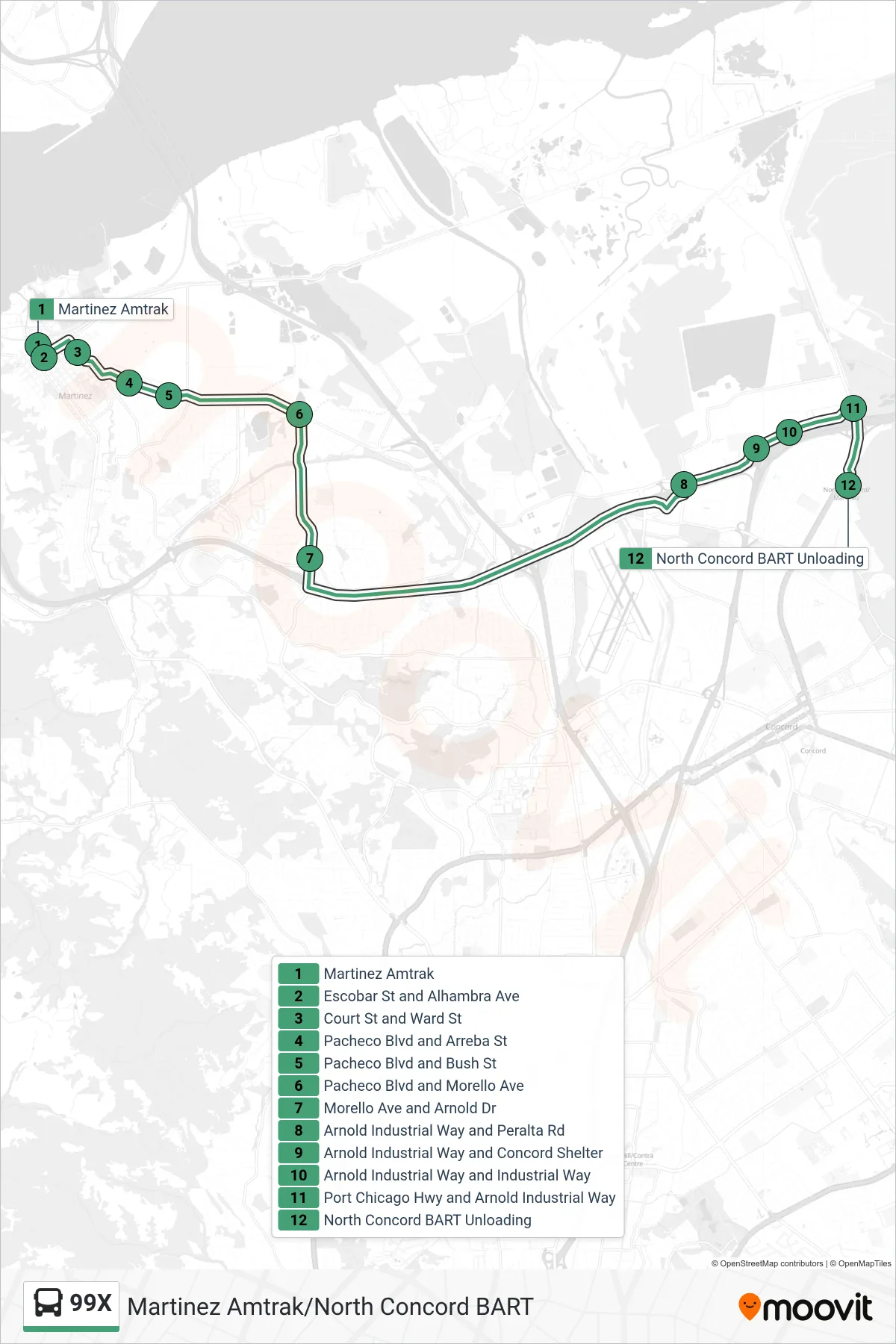 99X bus Line (North Concord BART) route and stops on a map