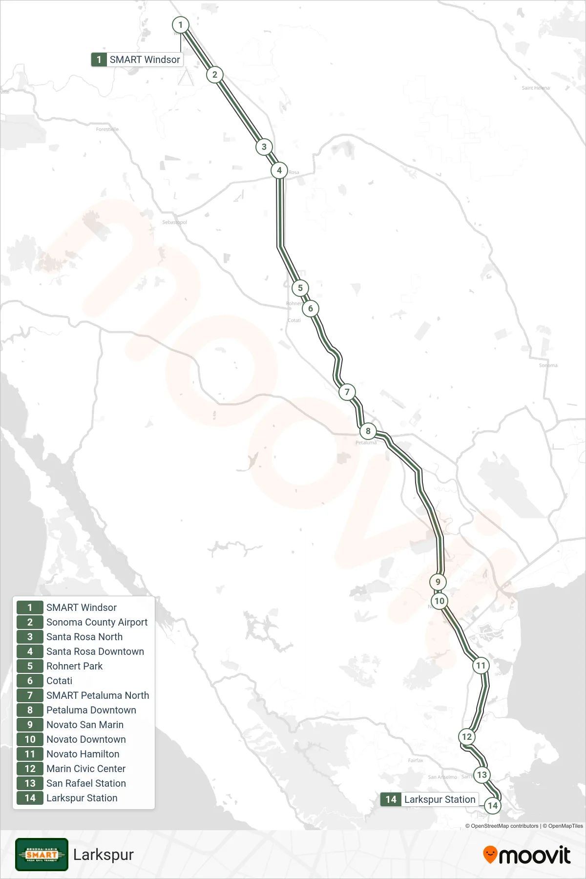 SMART train Line (Larkspur) route and stops on a map