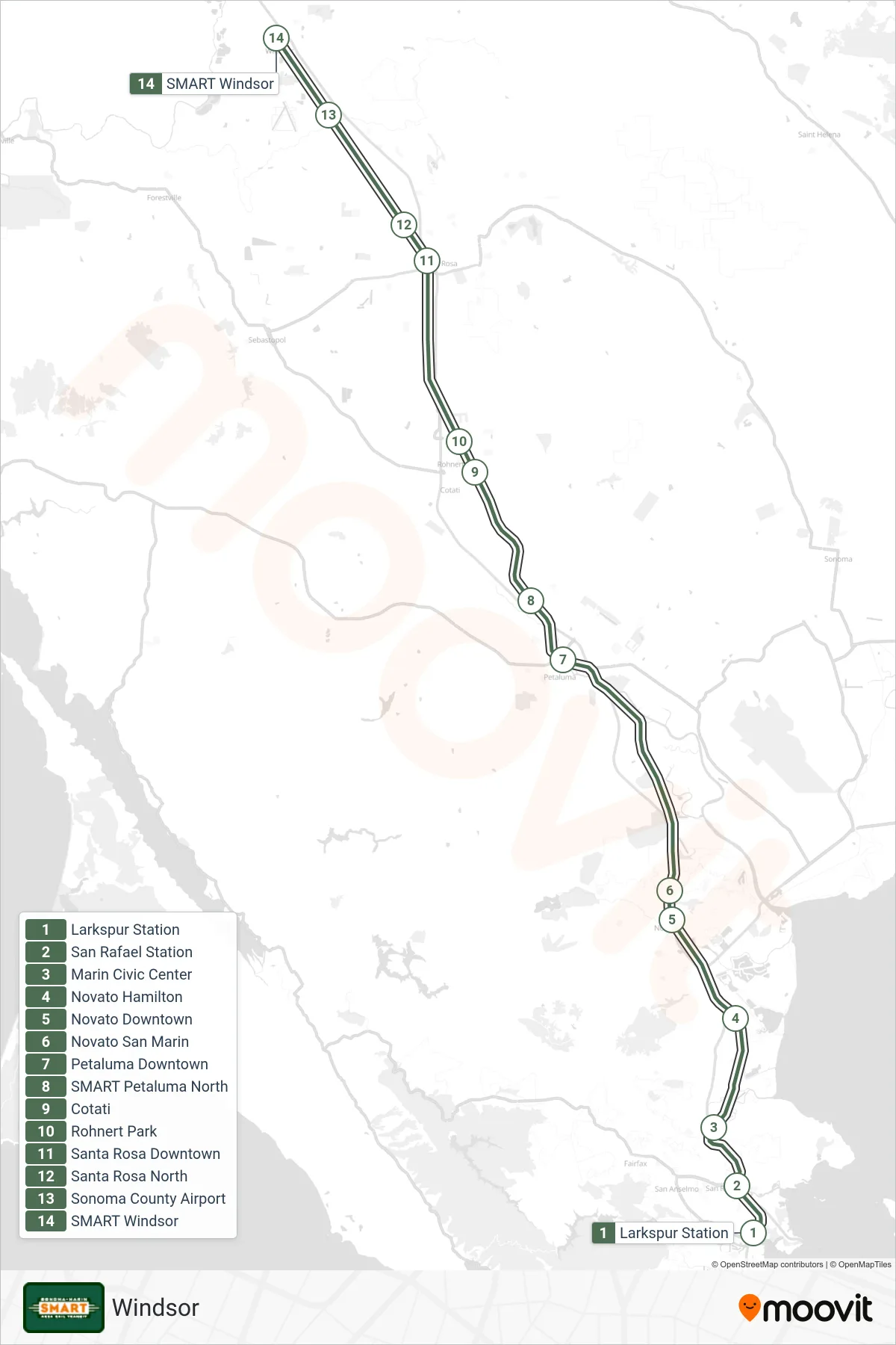 SMART rail Line (Windsor) route and stops on a map