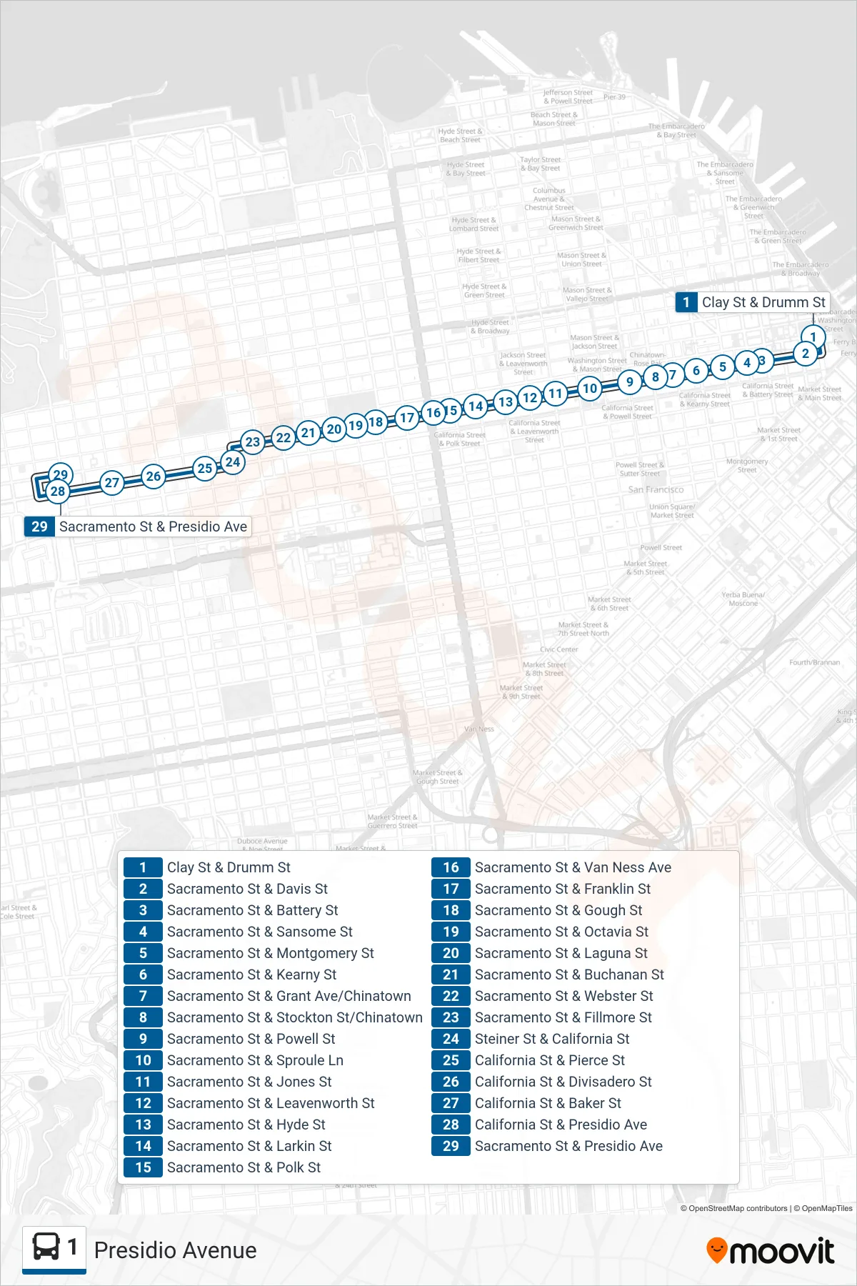 1 bus Line (Presidio Avenue) route and stops on a map