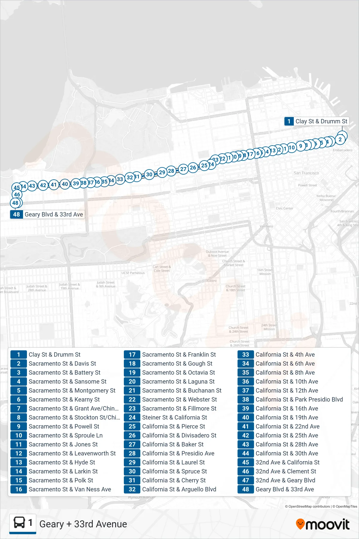 1 bus Line (Geary + 33rd Avenue) route and stops on a map