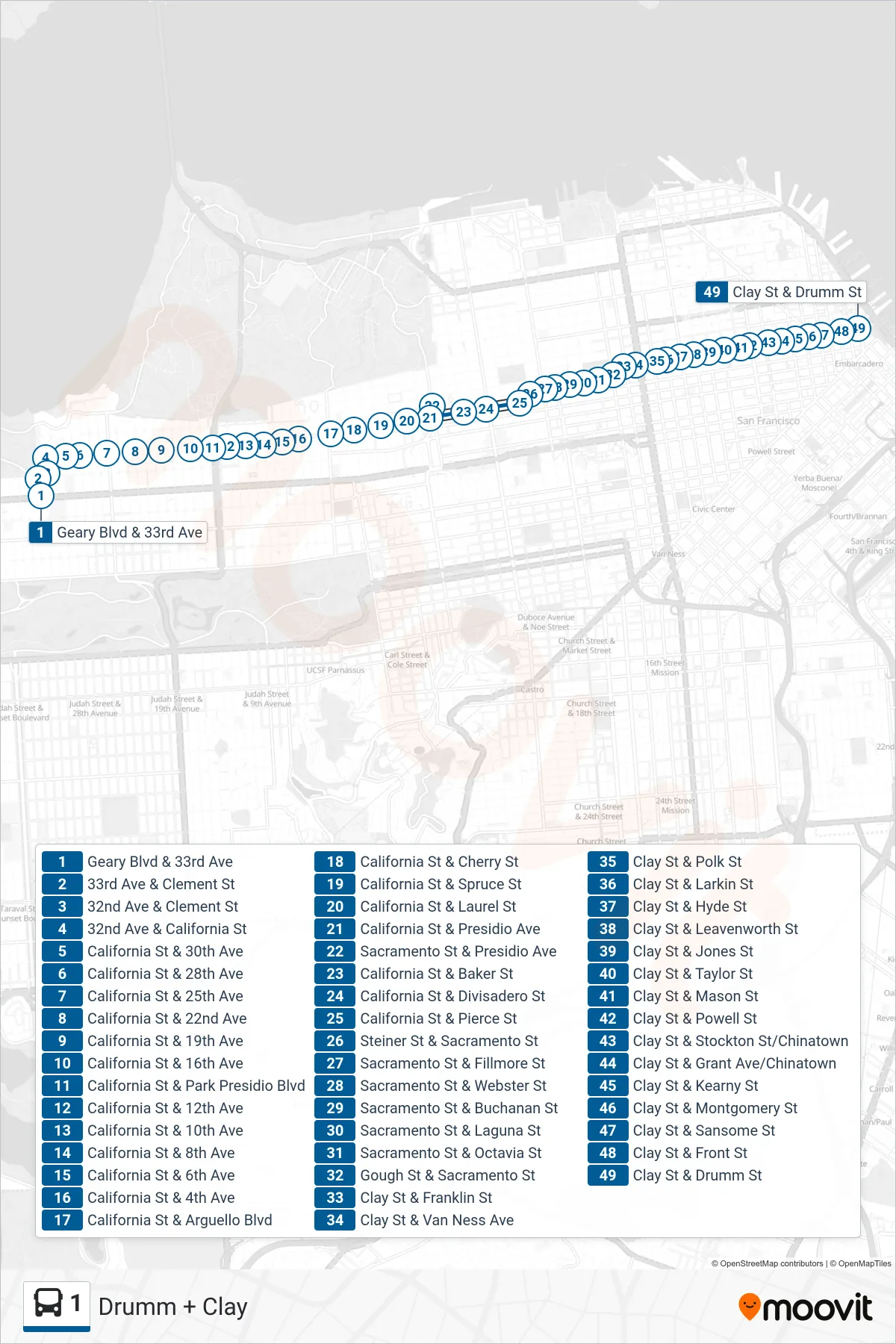 1 bus Line (Drumm + Clay) route and stops on a map
