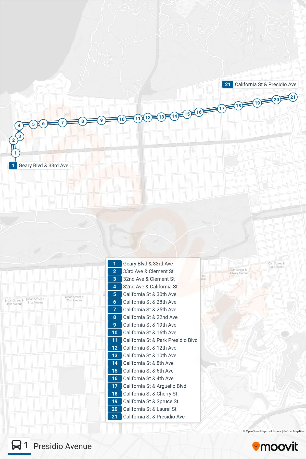 1 bus Line (Presidio Avenue) route and stops on a map