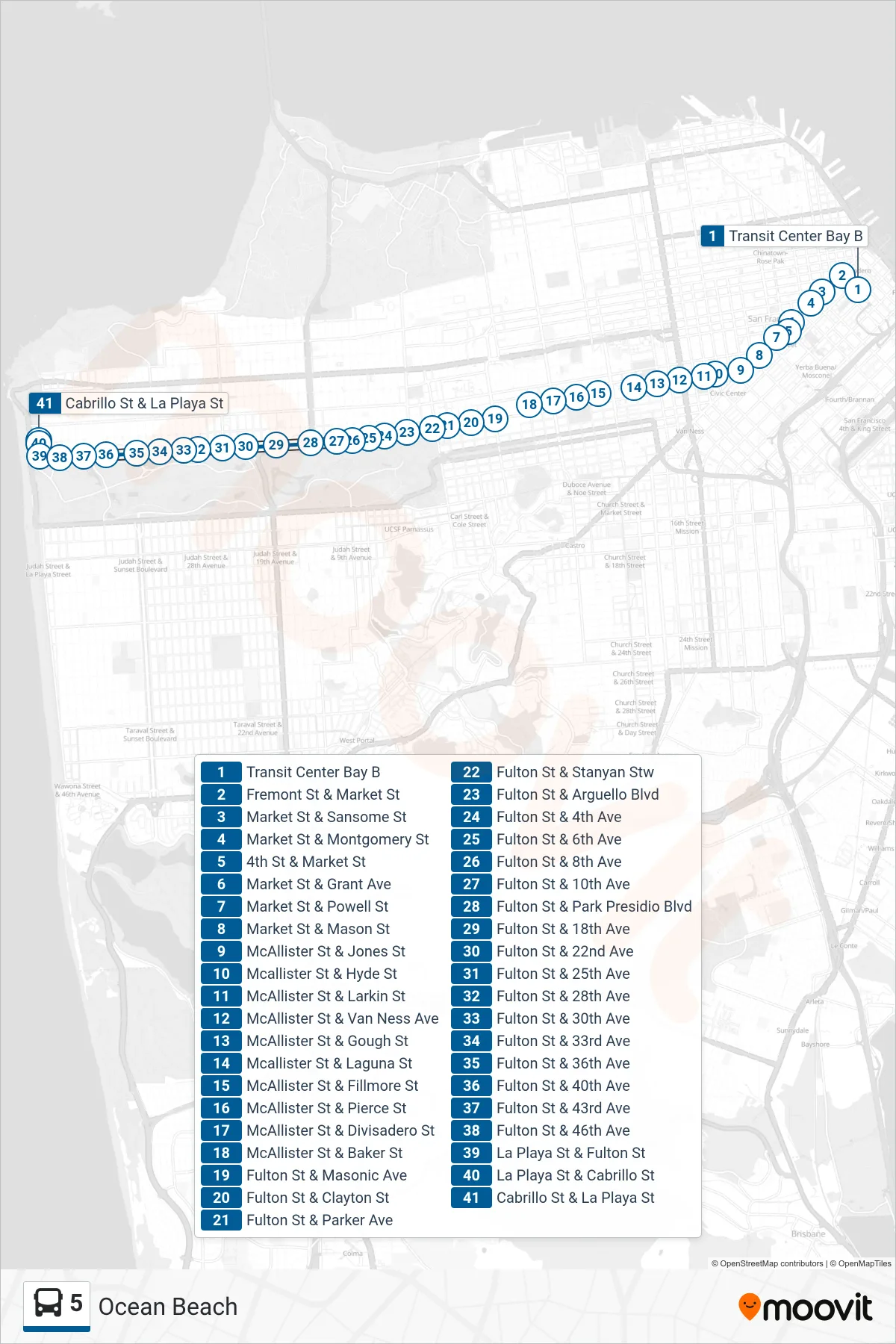5 bus Line (Ocean Beach) route and stops on a map