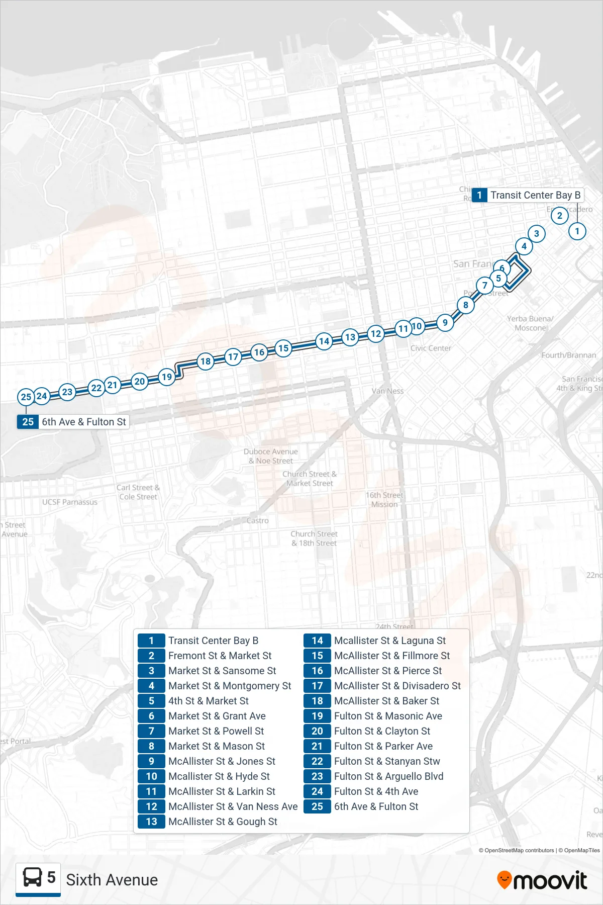 5 bus Line (Sixth Avenue) route and stops on a map