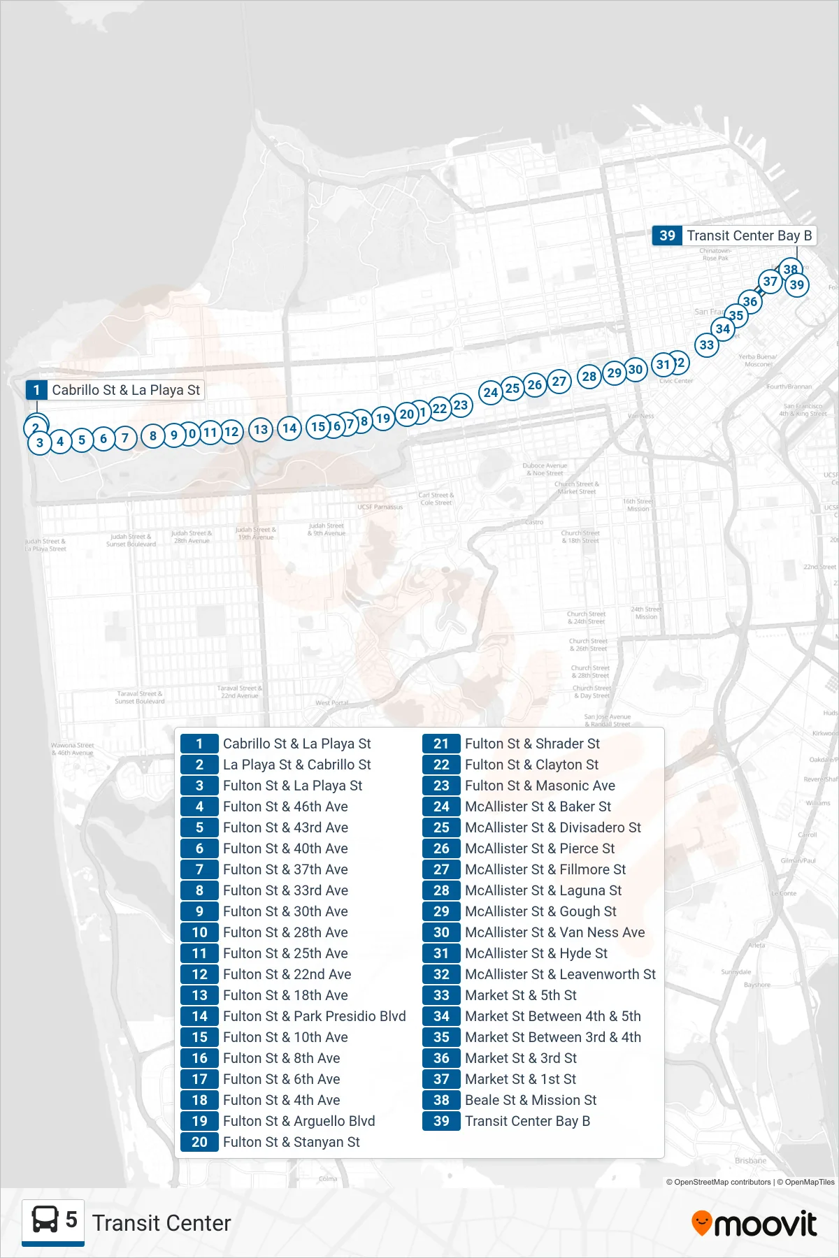 5 bus Line (Transit Center) route and stops on a map