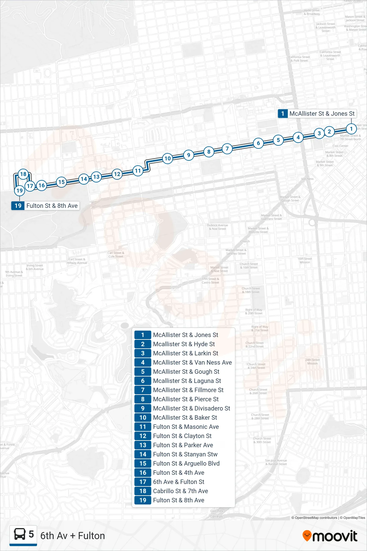 5 bus Line (6th Av + Fulton) route and stops on a map