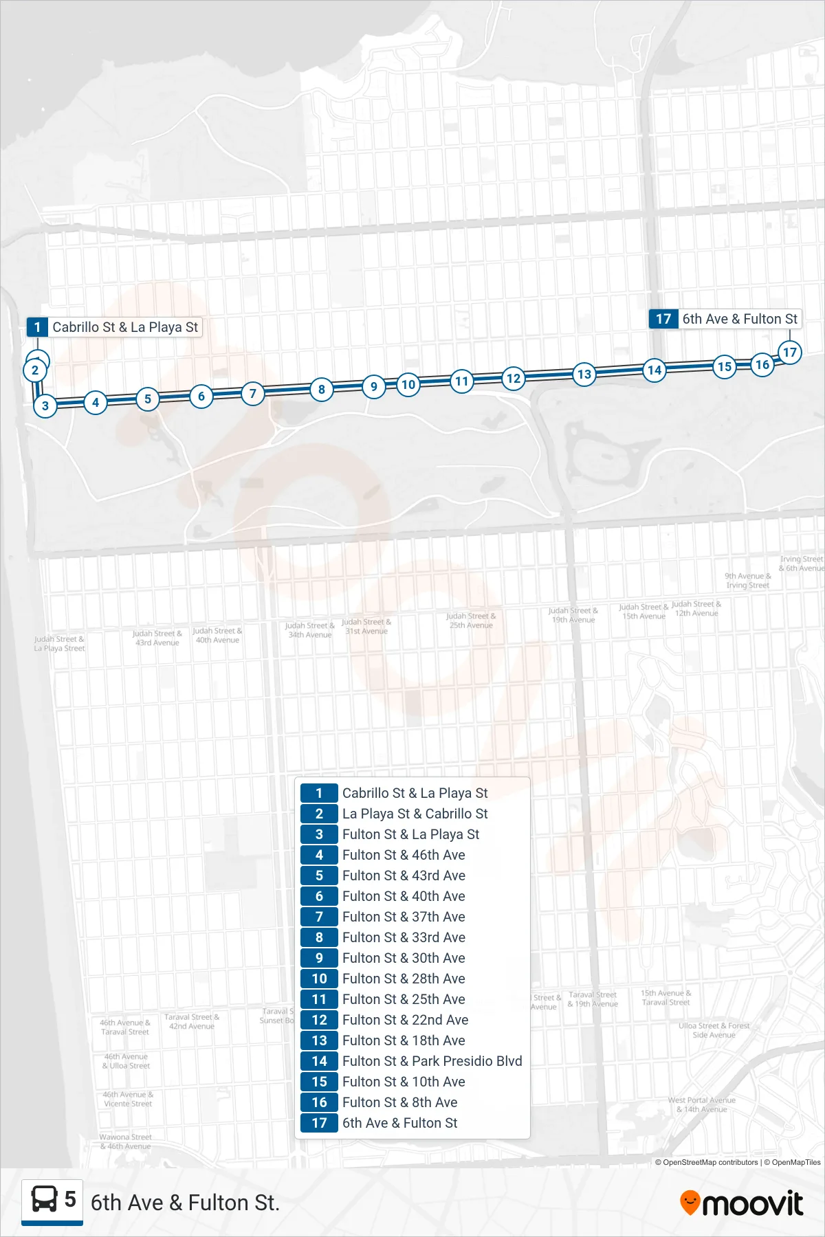 5 bus Line (6th Ave & Fulton St.) route and stops on a map