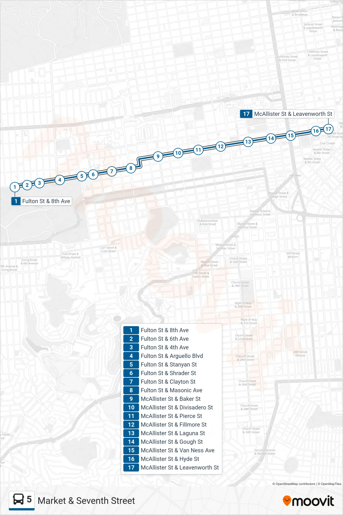 5 bus Line (Market & Seventh Street) route and stops on a map