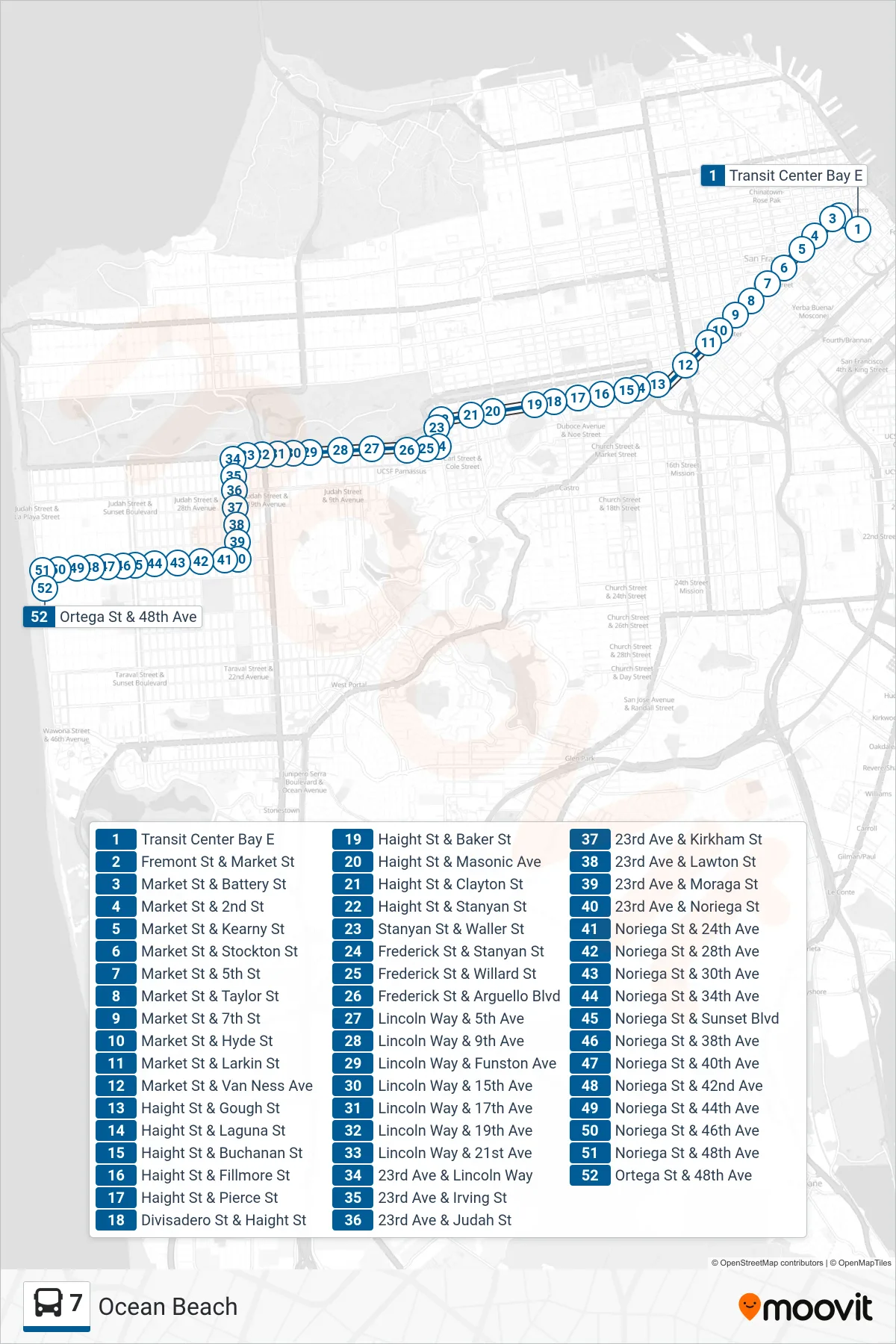 7 bus Line (Ocean Beach) route and stops on a map