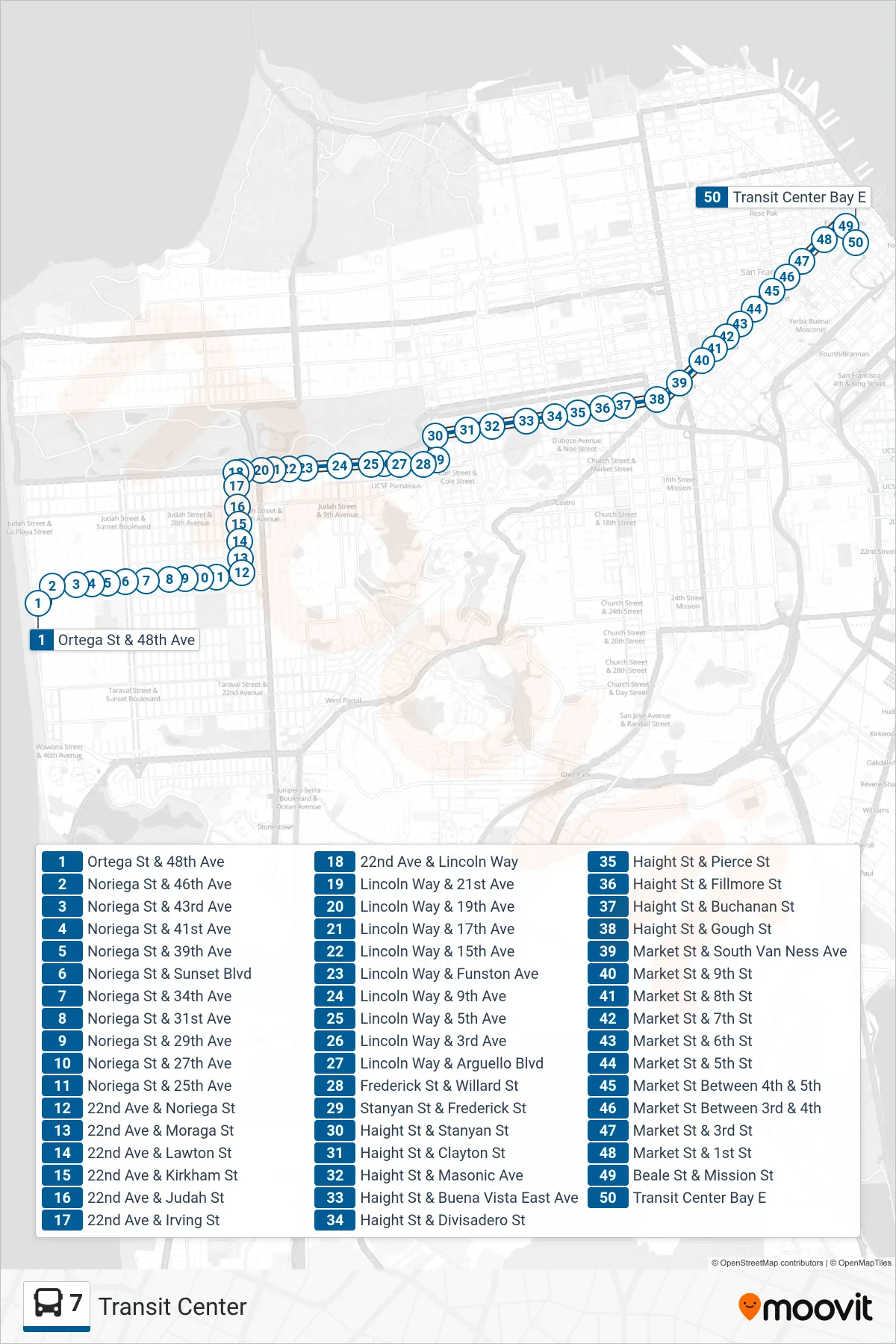 7 bus Line (Transit Center) route and stops on a map