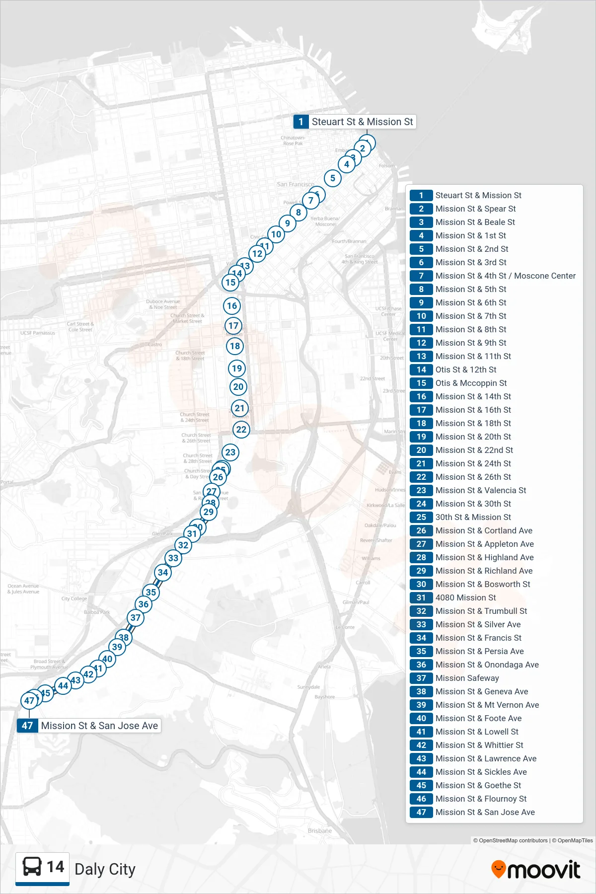 14 bus Line (Daly City) route and stops on a map