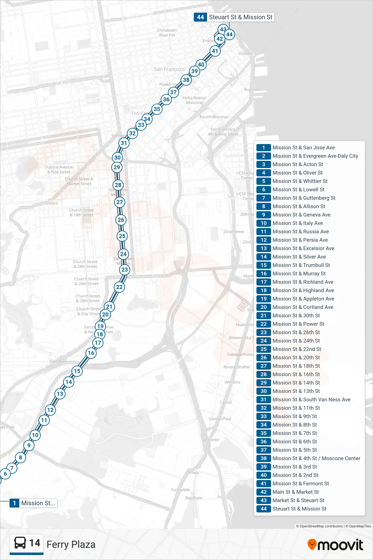 14 bus Line (Ferry Plaza) route and stops on a map