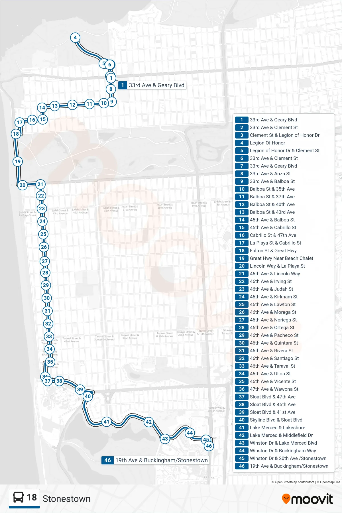 18 bus Line (Stonestown) route and stops on a map