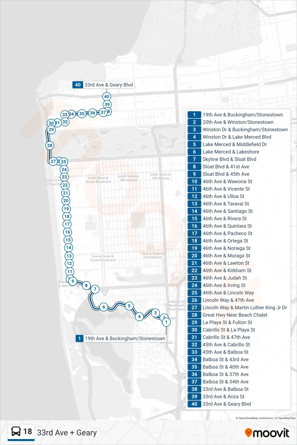 18 bus Line (33rd Ave + Geary) route and stops on a map