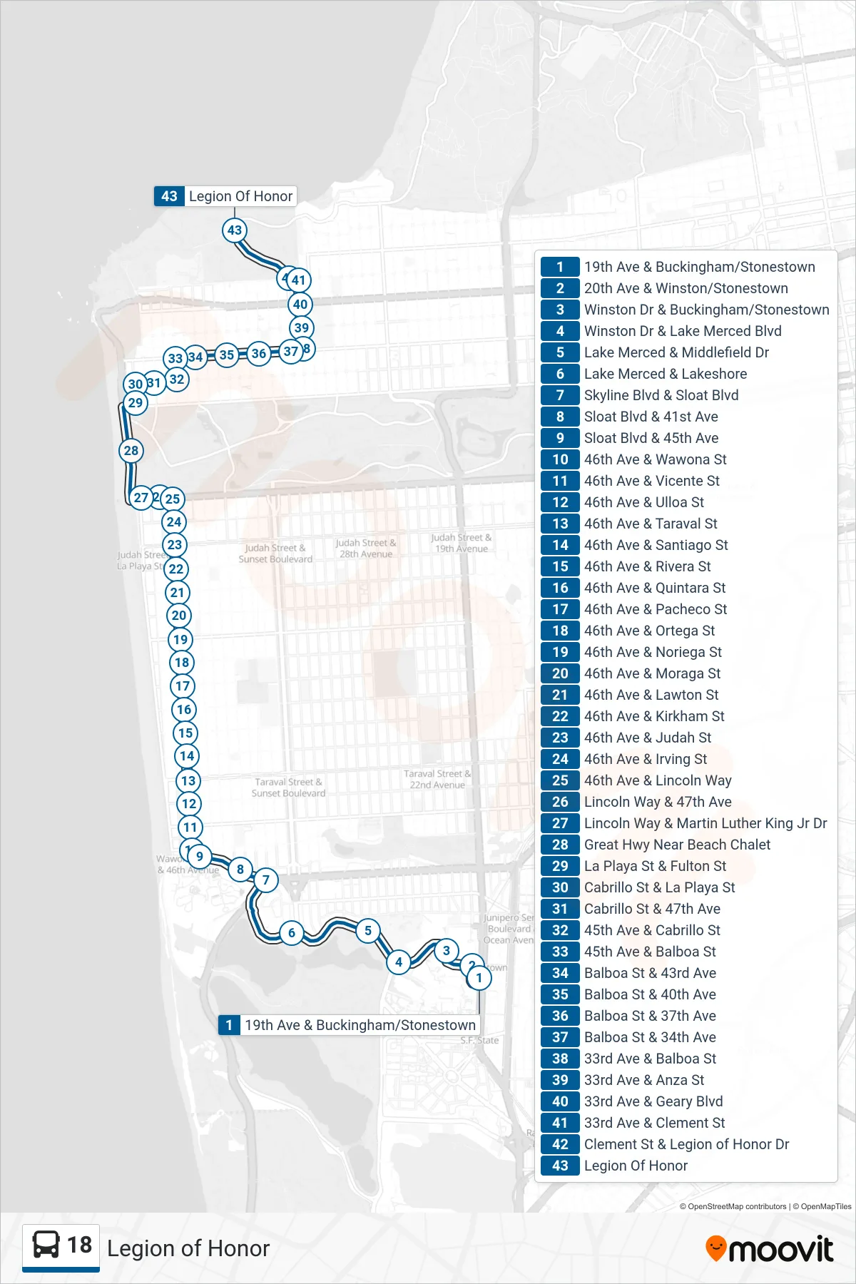 18 bus Line (Legion of Honor) route and stops on a map