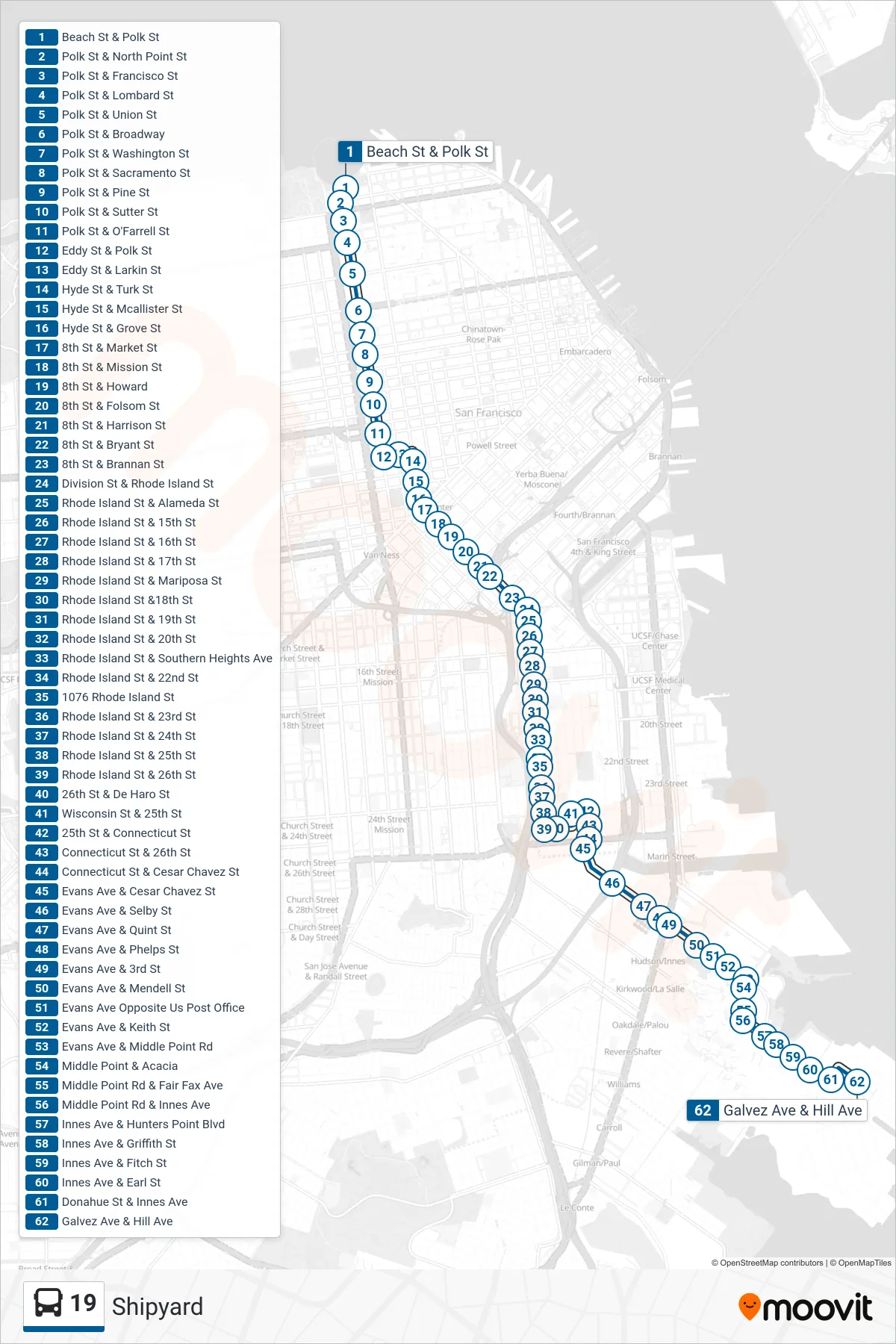 19 bus Line (Shipyard) route and stops on a map