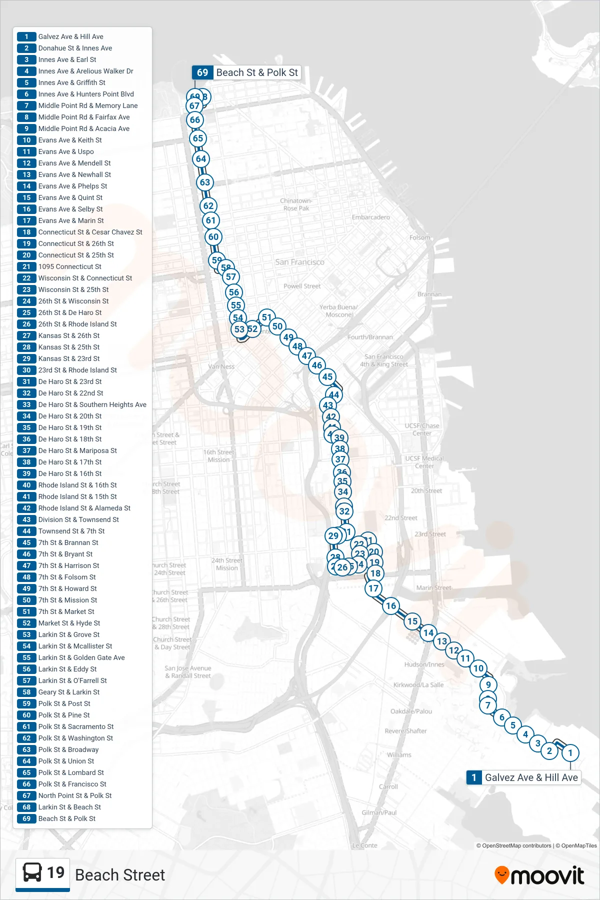 19 bus Line (Beach Street) route and stops on a map