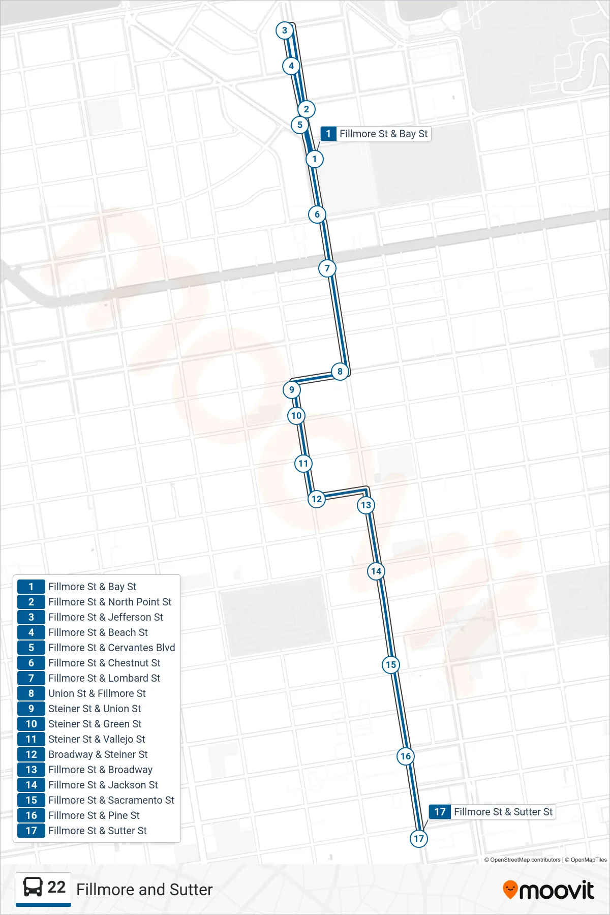 22 bus Line (Fillmore and Sutter) route and stops on a map