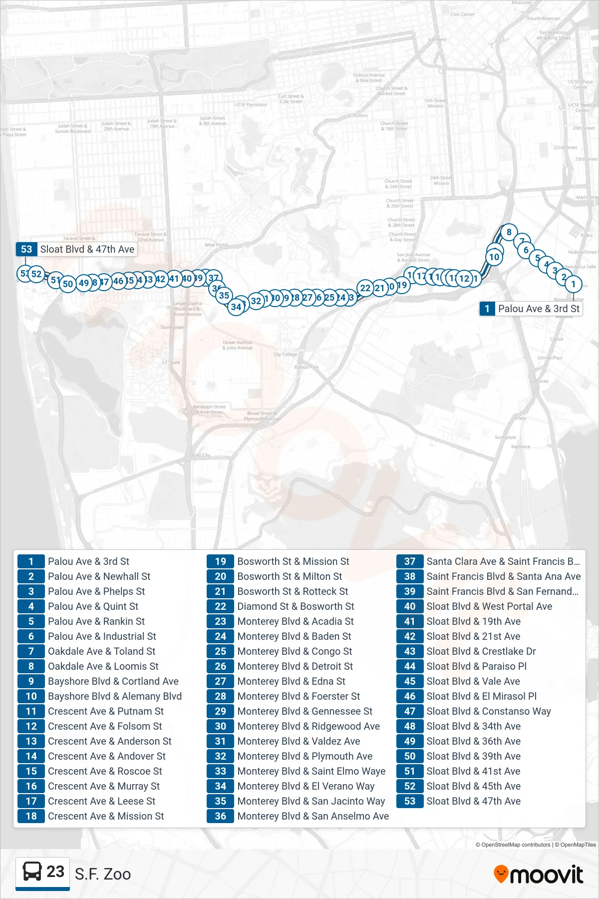 23 bus Line (S.F. Zoo) route and stops on a map
