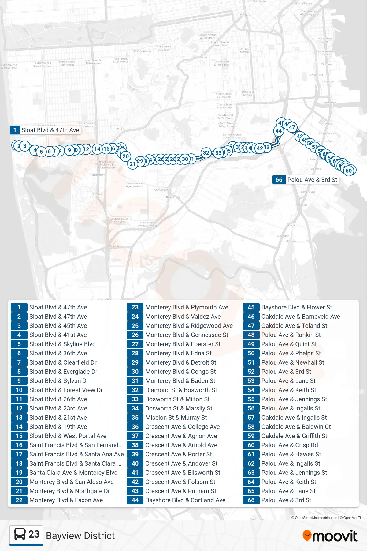 23 bus Line (Bayview District) route and stops on a map