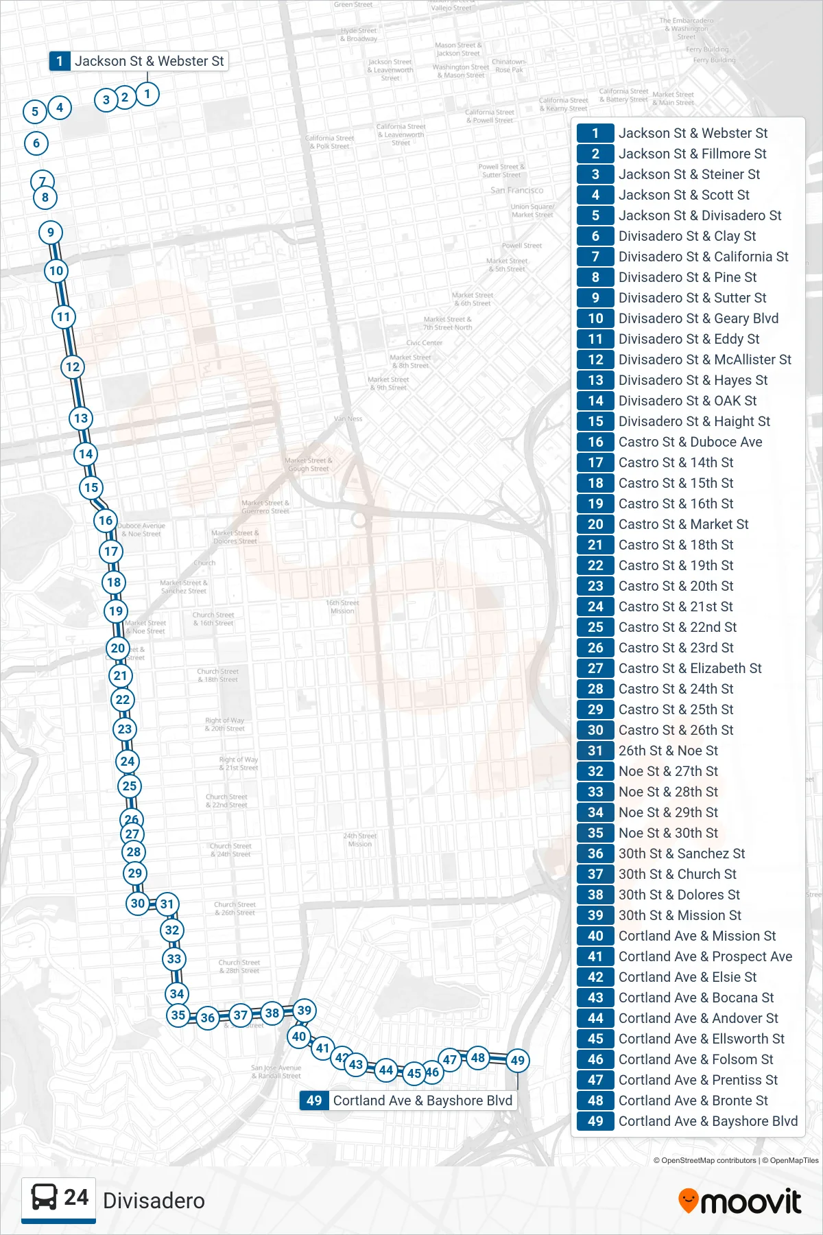 24 bus Line (Bayshore + Cortland) route and stops on a map
