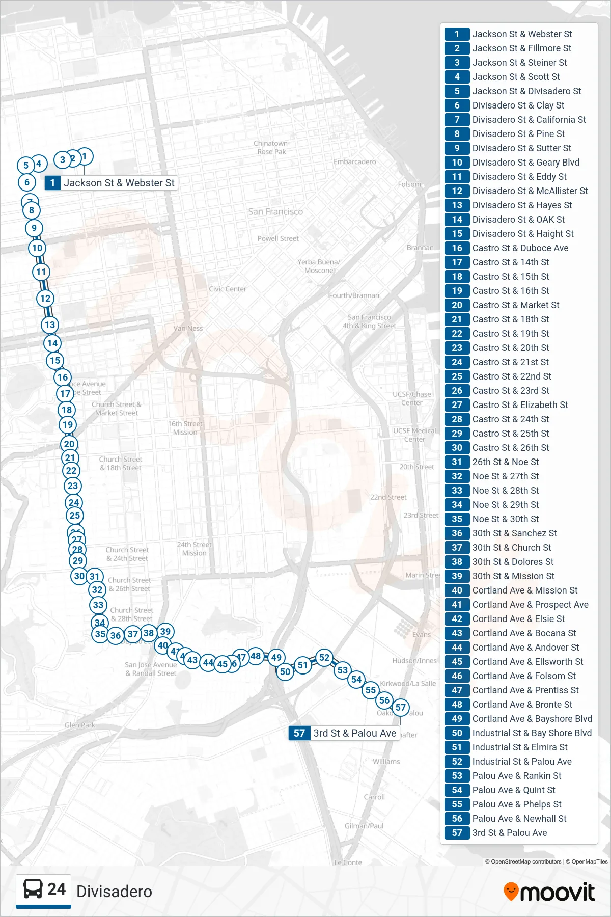 24 bus Line (Palou + Third Street) route and stops on a map