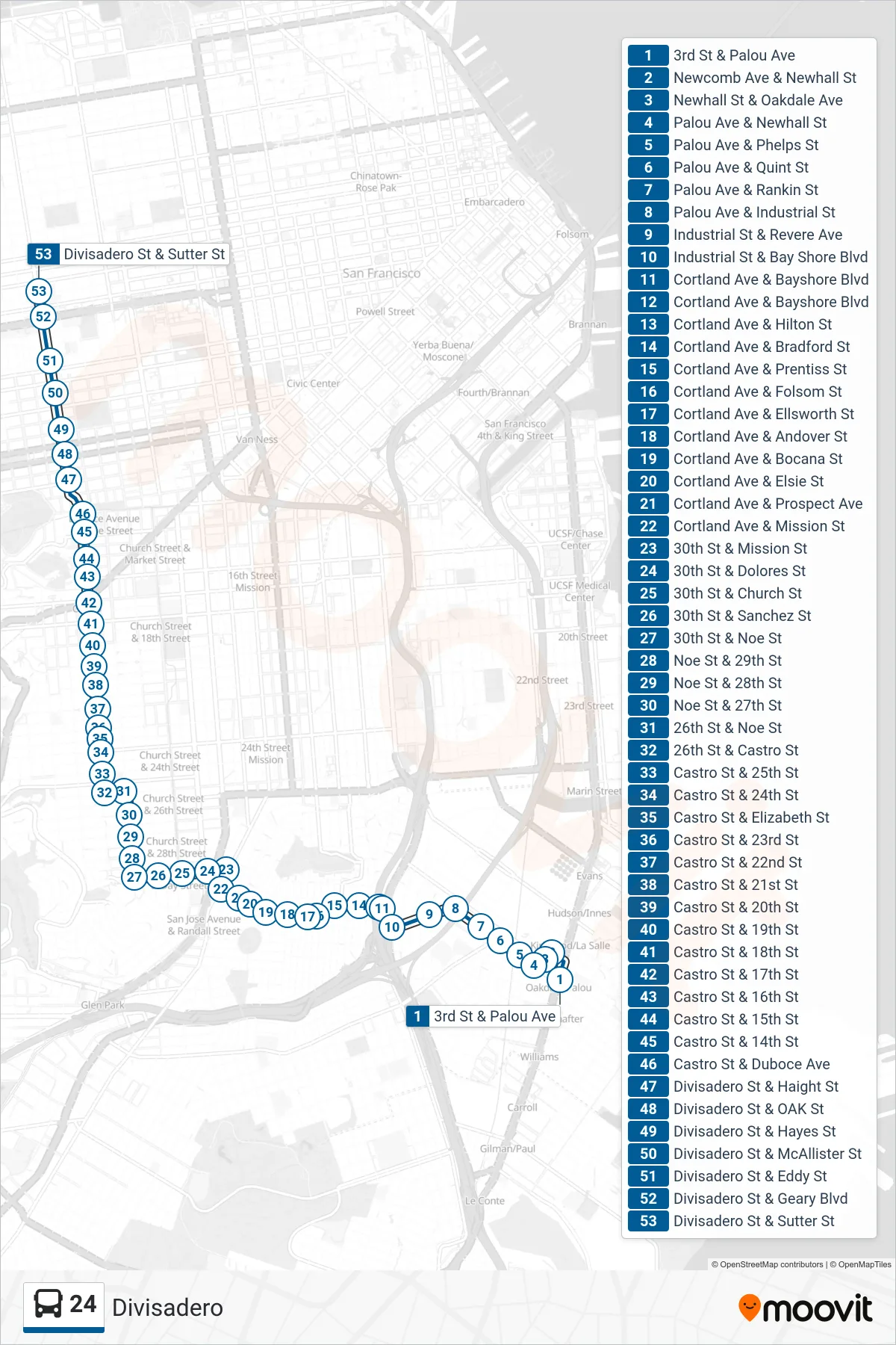24 bus Line (Sutter Street) route and stops on a map