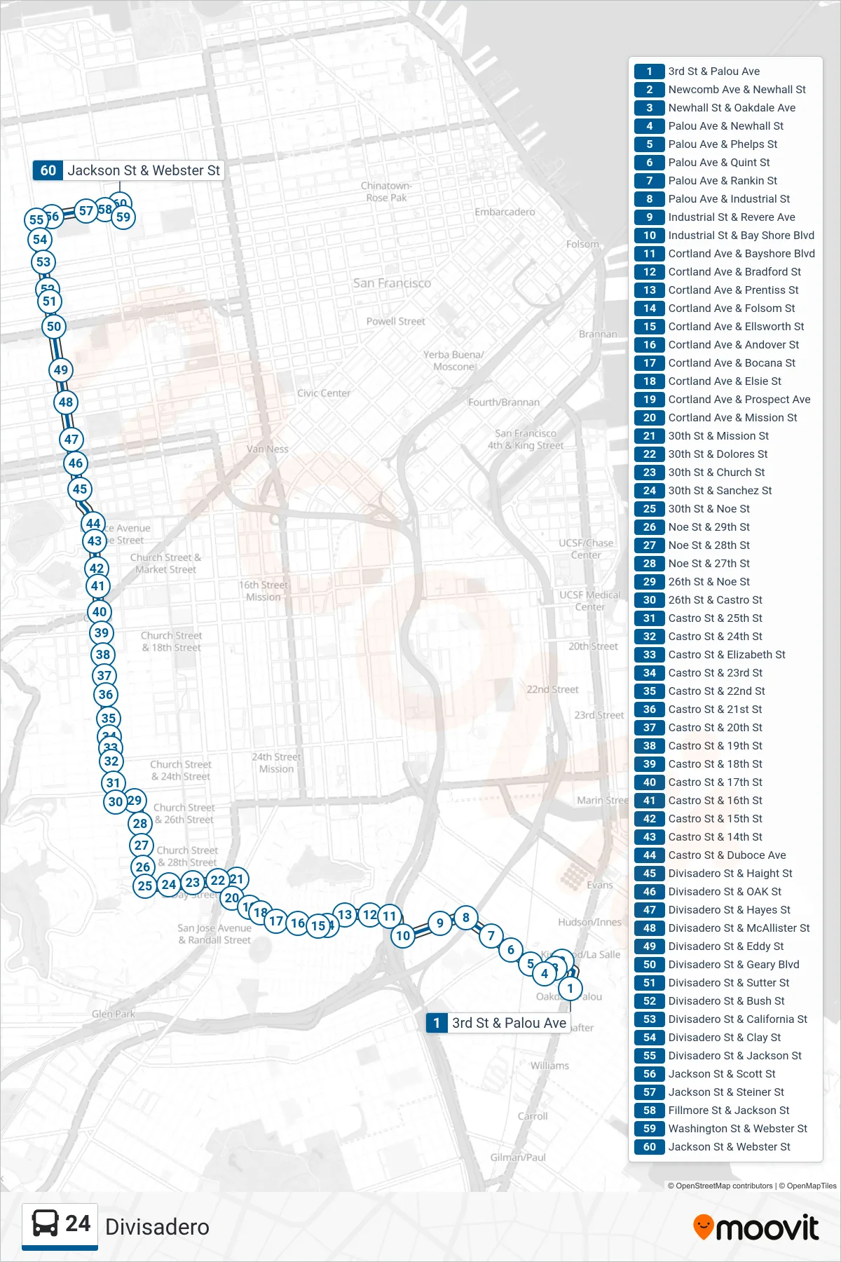 24 bus Line (Jackson + Fillmore) route and stops on a map