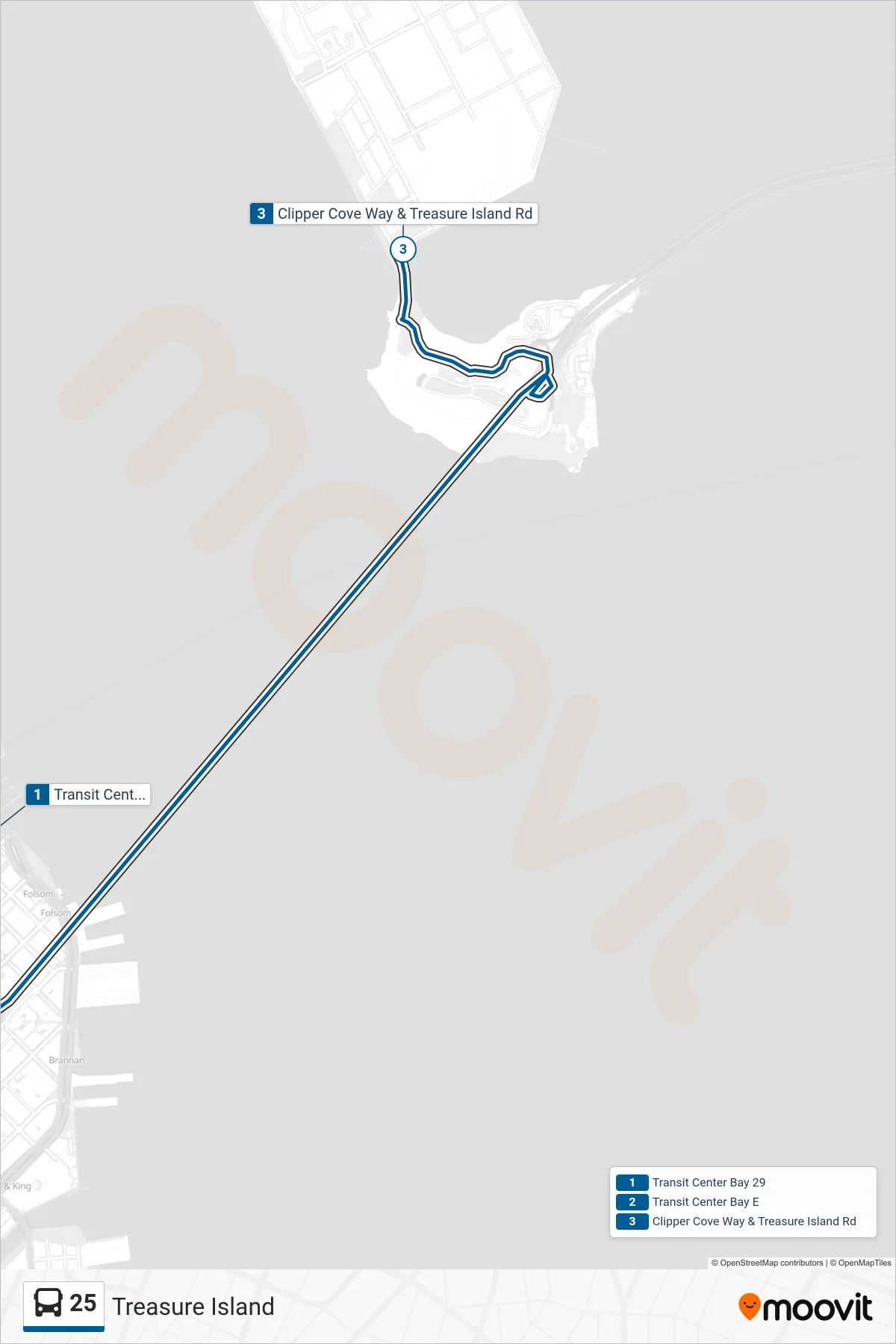 25 bus Line (Treasure Island) route and stops on a map
