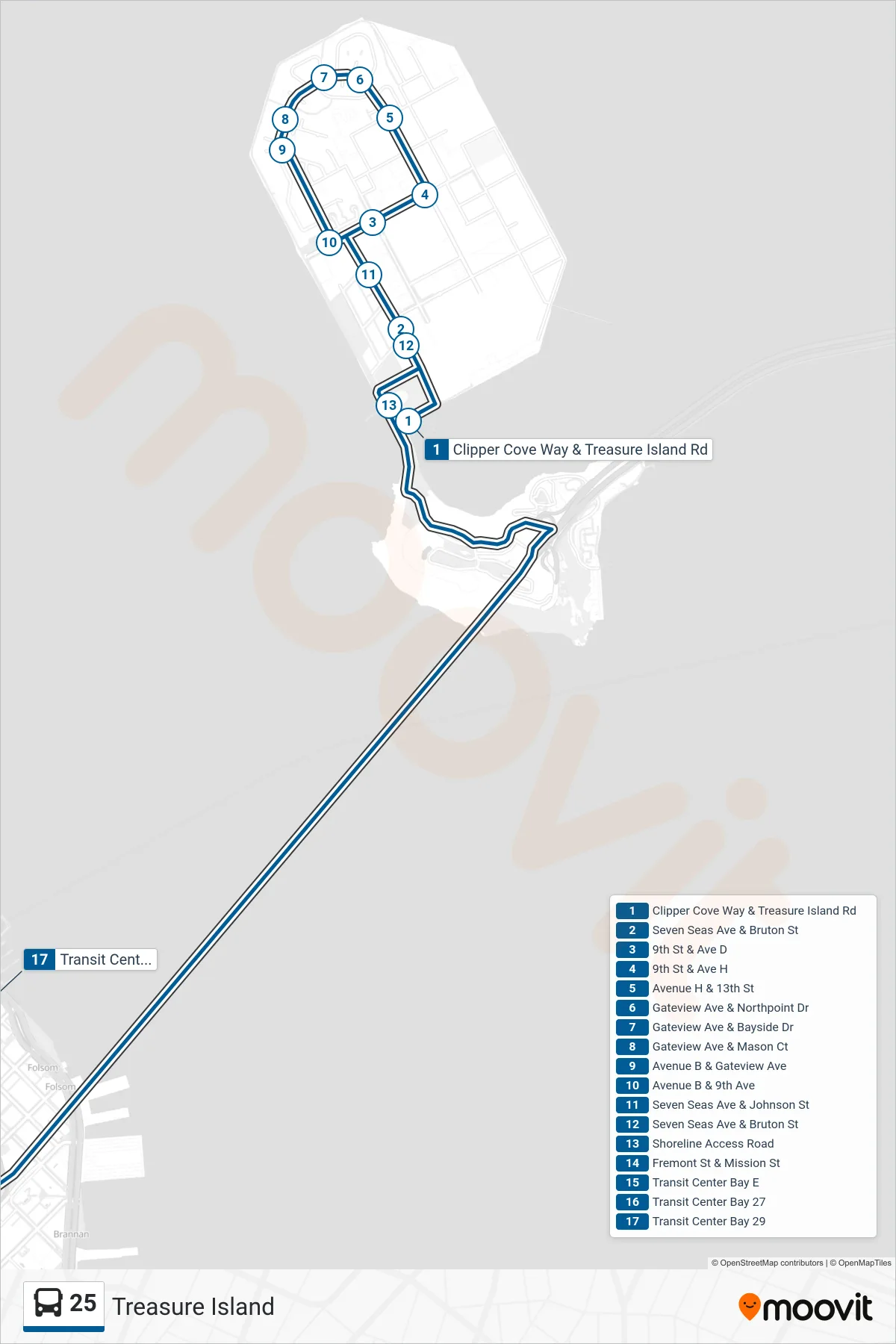 25 bus Line (Transit Center) route and stops on a map