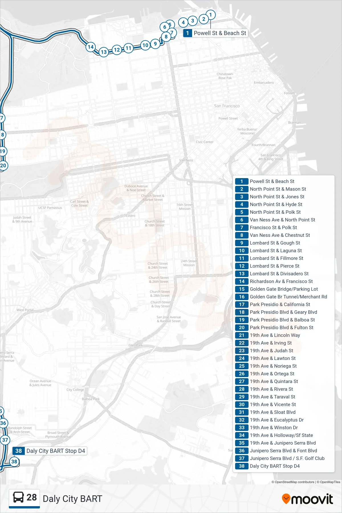 28 bus Line (Daly City BART) route and stops on a map
