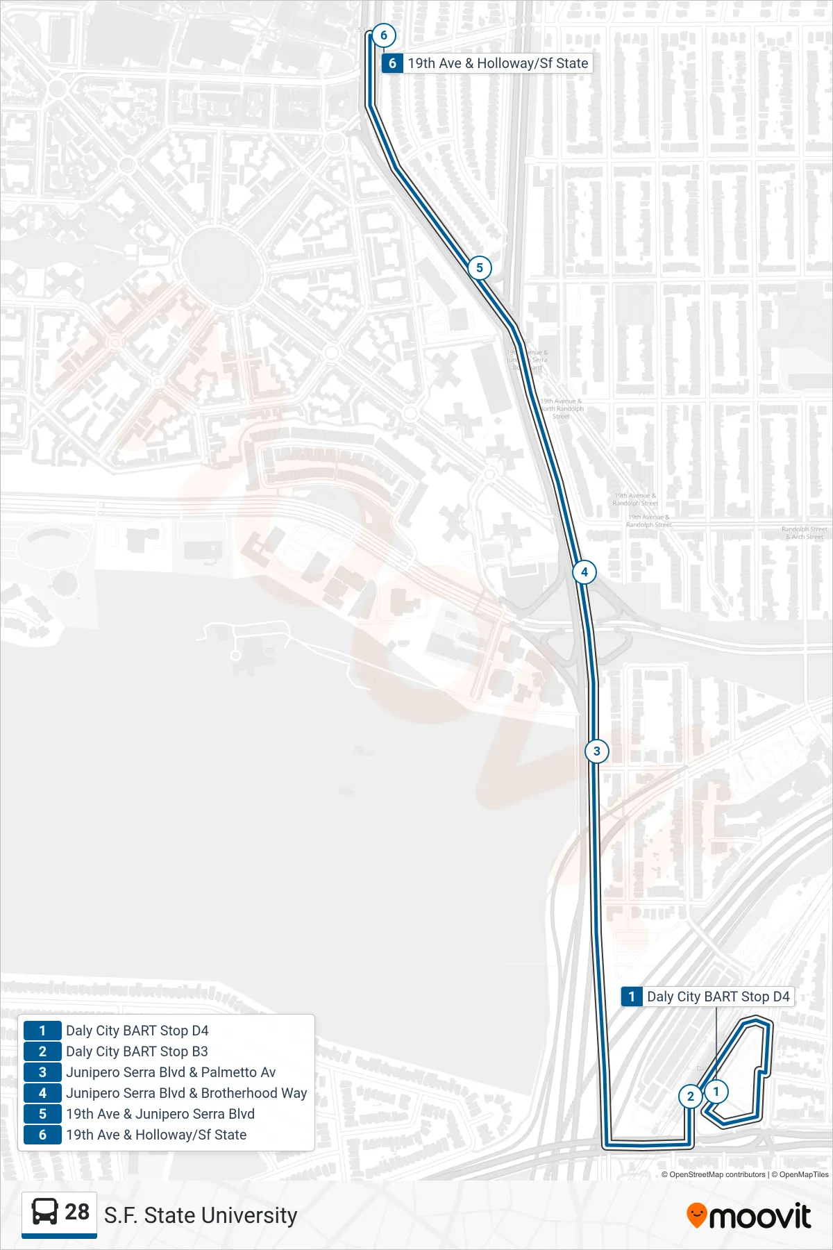 28 bus Line (S.F. State University) route and stops on a map