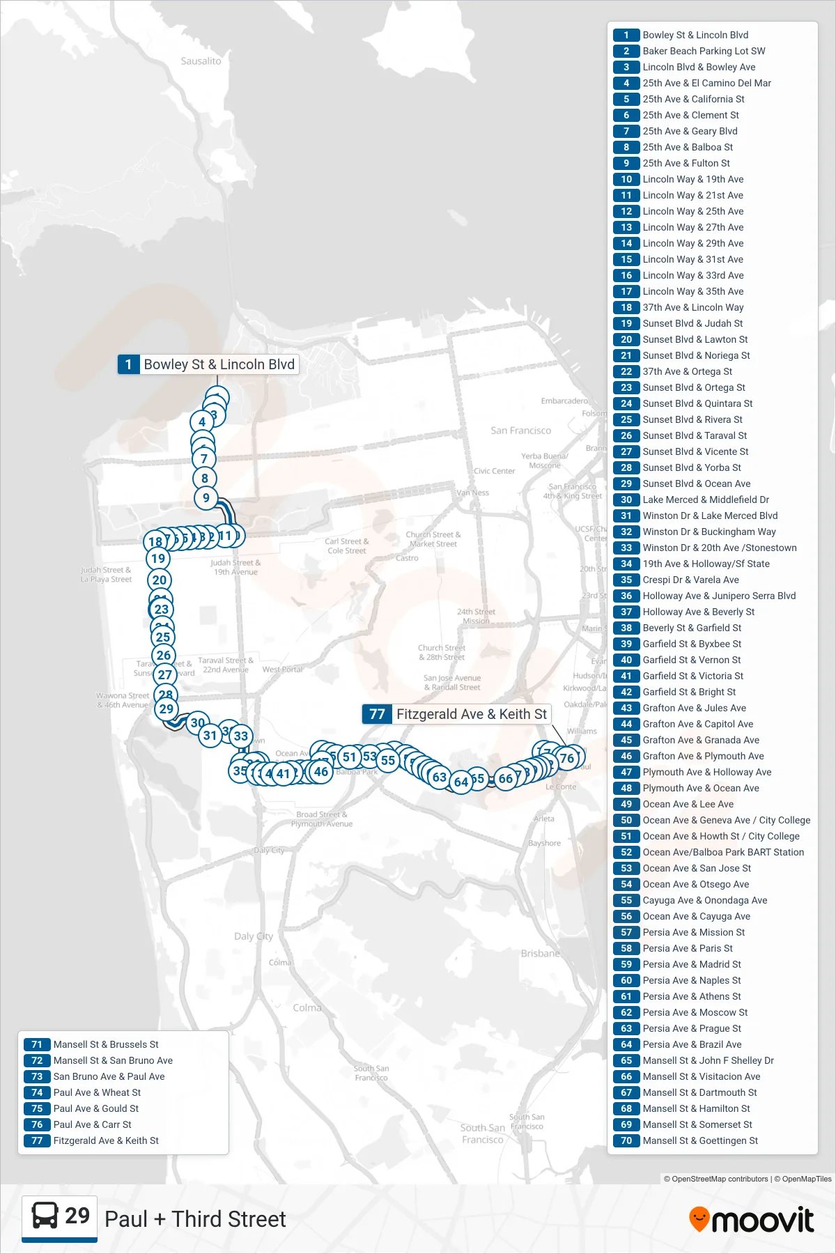 29 bus Line (Paul + Third Street) route and stops on a map