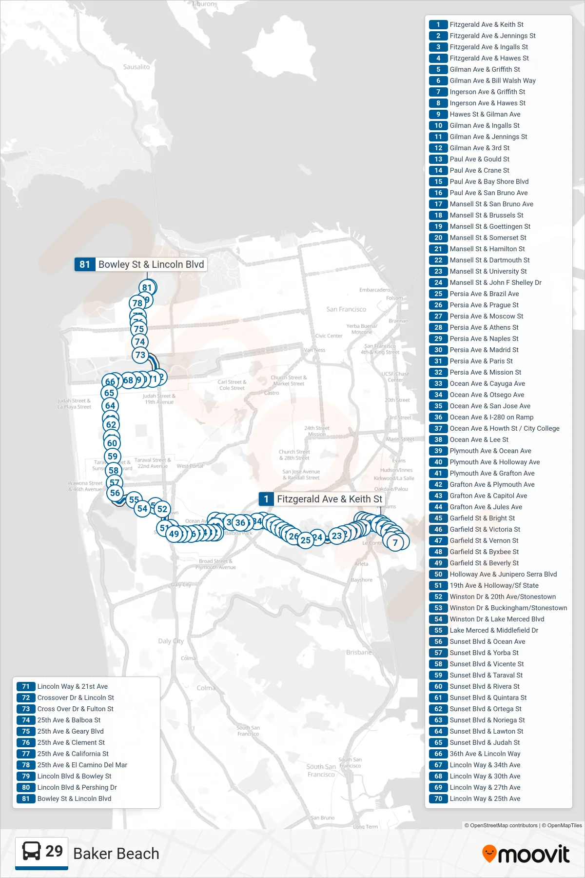 29 bus Line (Baker Beach) route and stops on a map