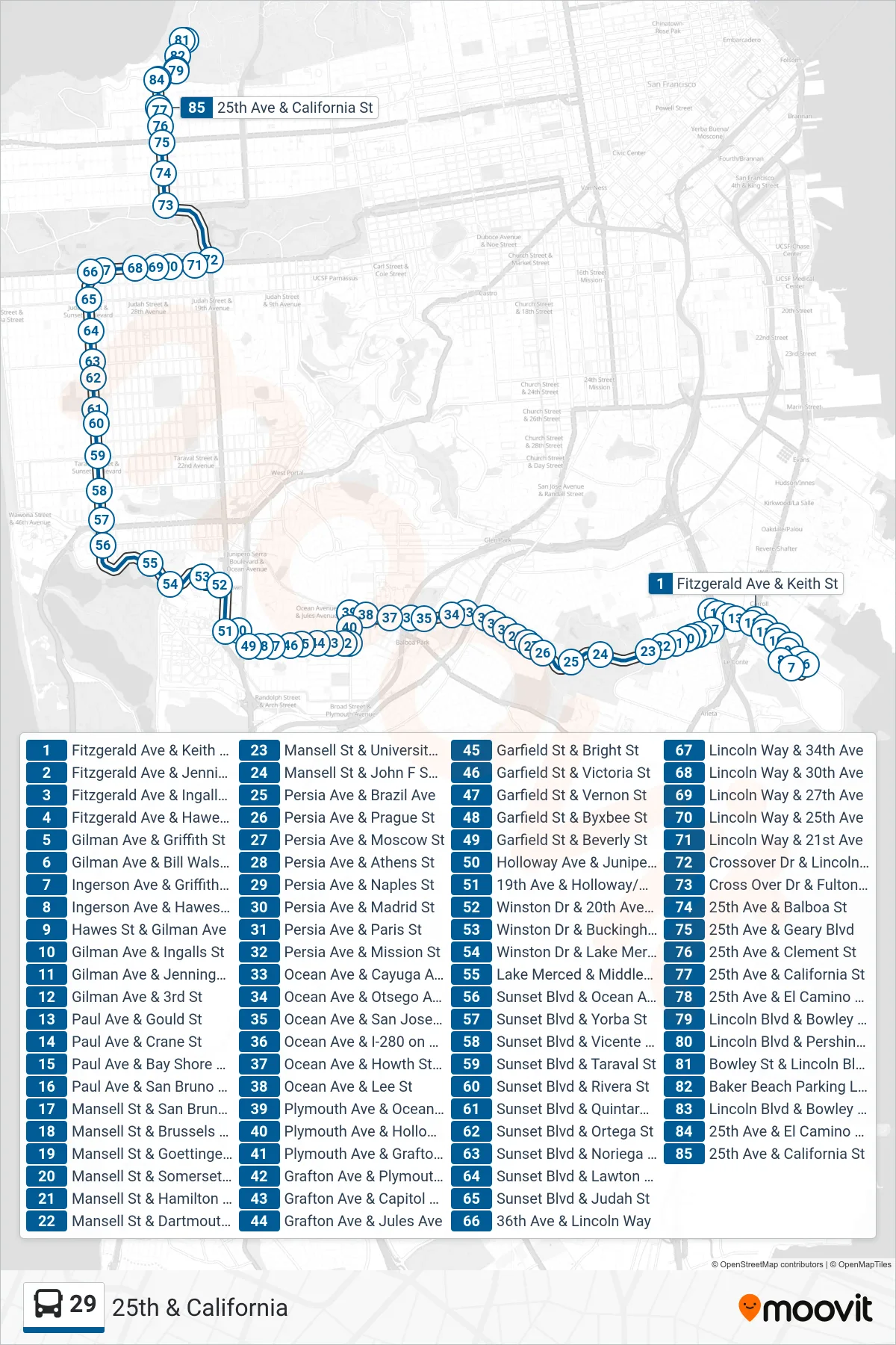 29 bus Line (25th & California) route and stops on a map