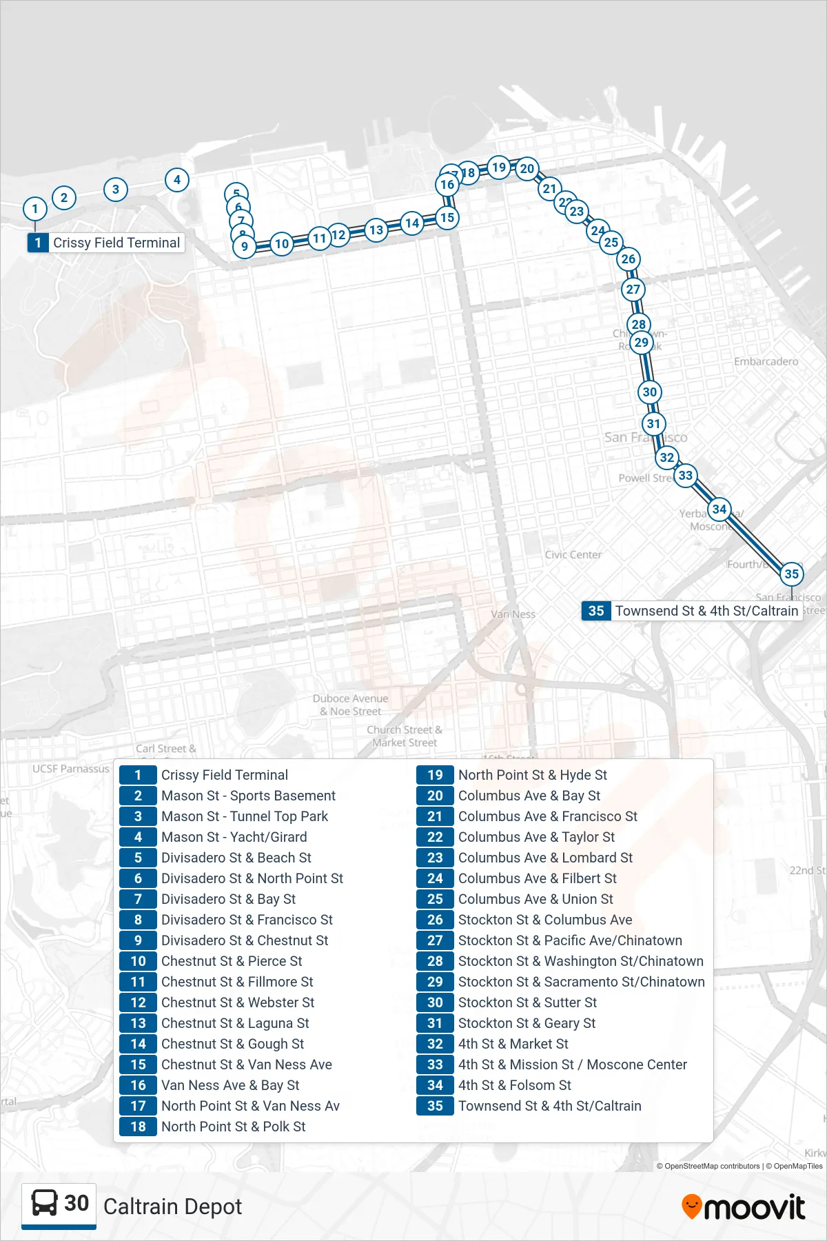 30 bus Line (Caltrain Depot) route and stops on a map