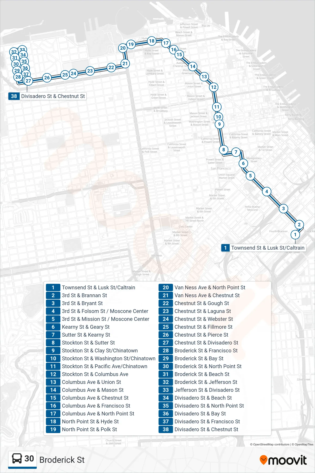30 bus Line (Broderick St) route and stops on a map