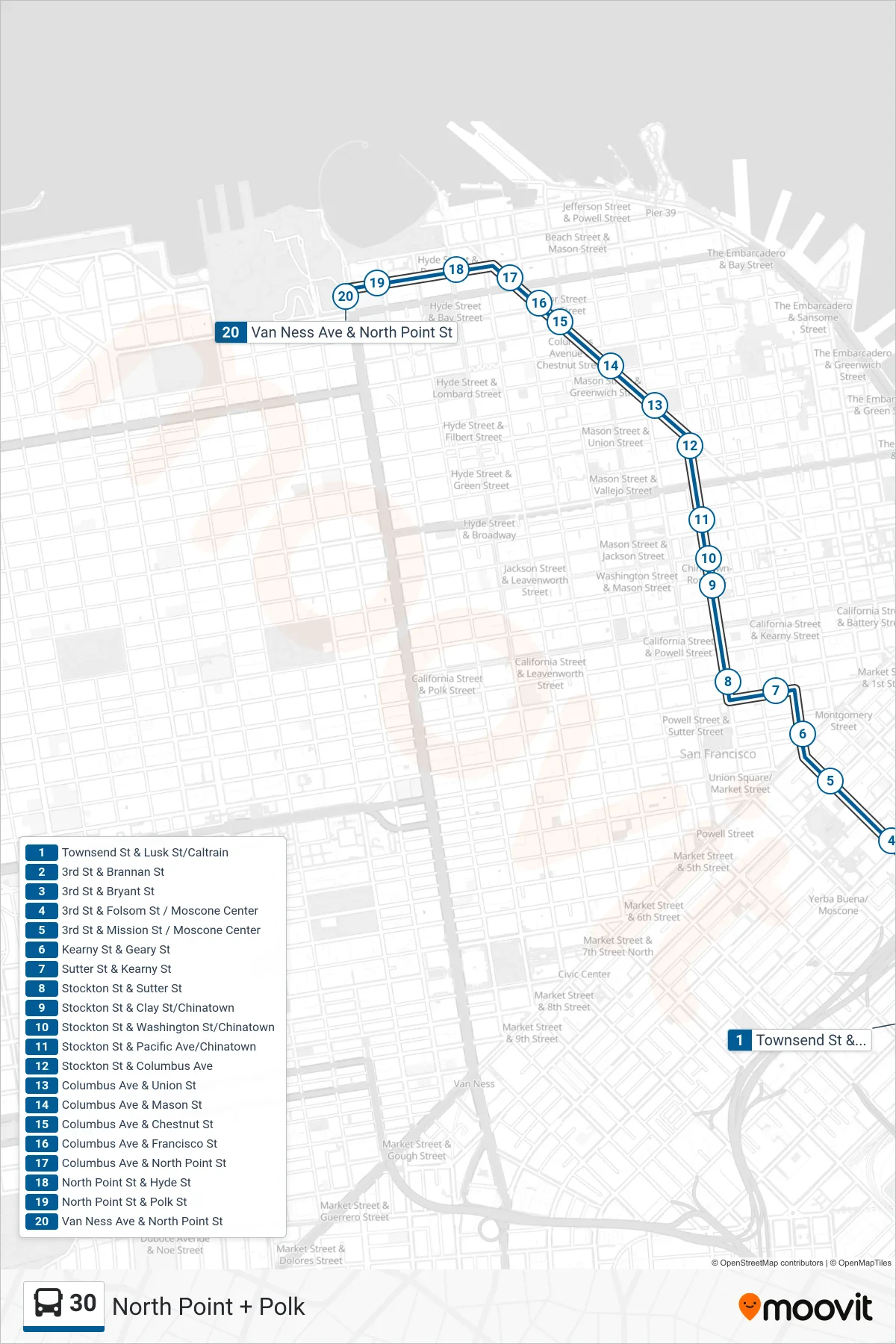 30 bus Line (North Point + Polk) route and stops on a map
