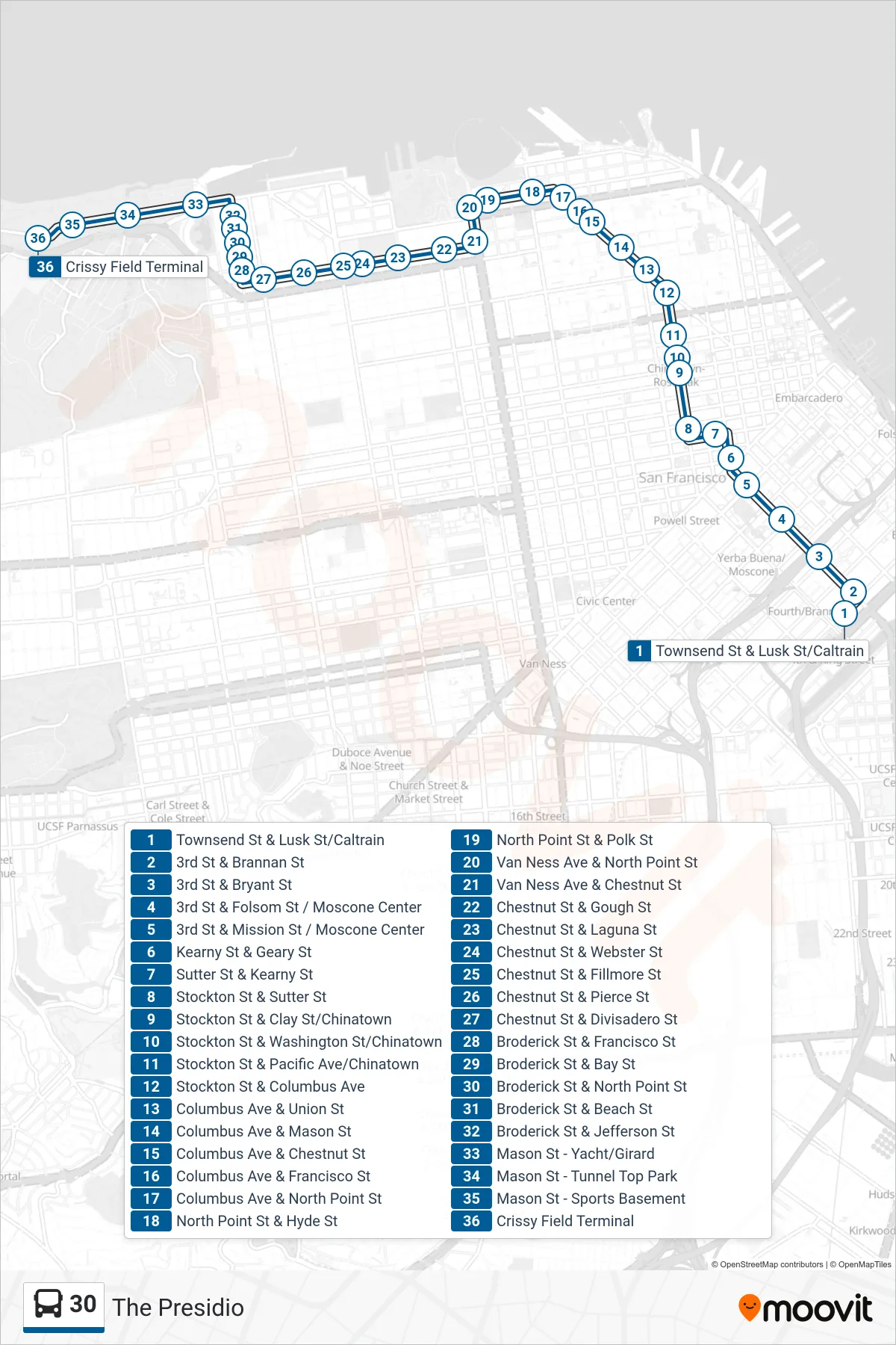 30 bus Line (The Presidio) route and stops on a map