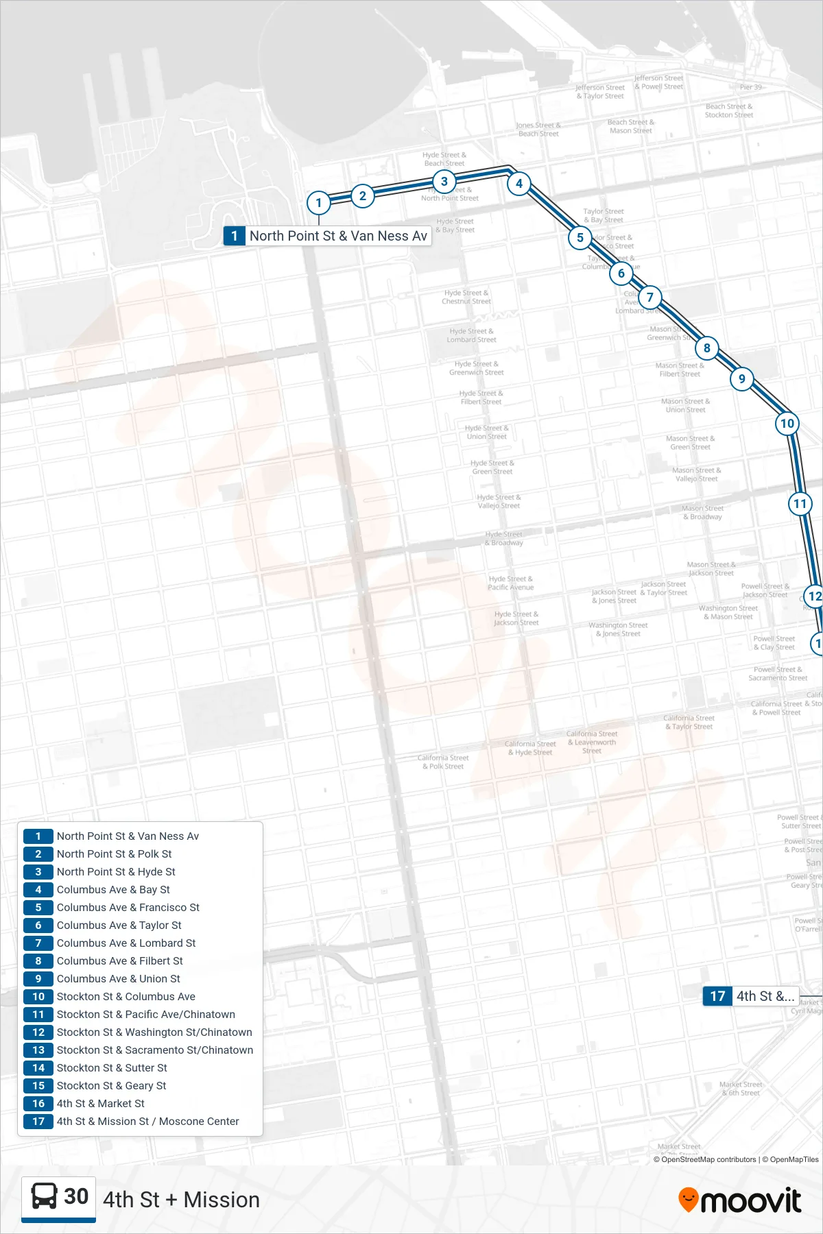 30 bus Line (4th St + Mission) route and stops on a map