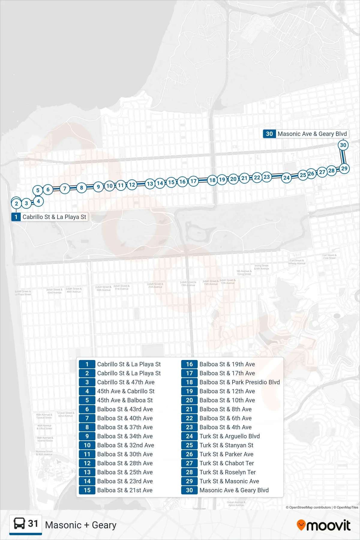 31 bus Line (Masonic + Geary) route and stops on a map