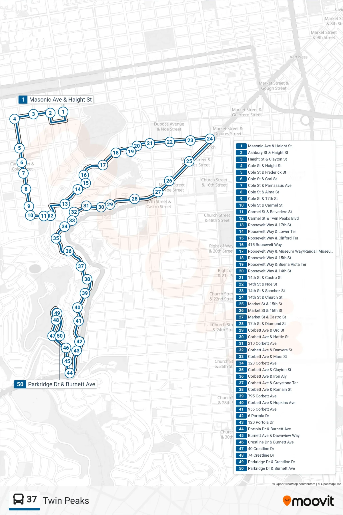 37 bus Line (Twin Peaks) route and stops on a map