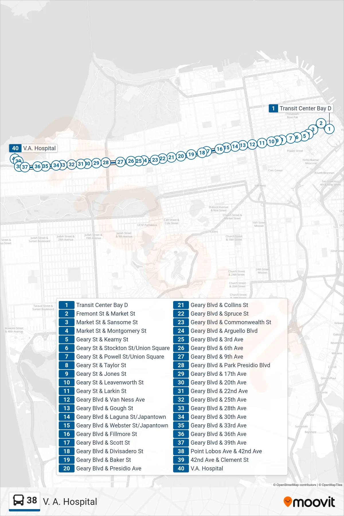38 bus Line (V. A. Hospital) route and stops on a map