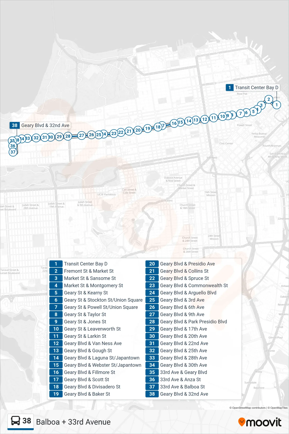 38 bus Line (Balboa + 33rd Avenue) route and stops on a map